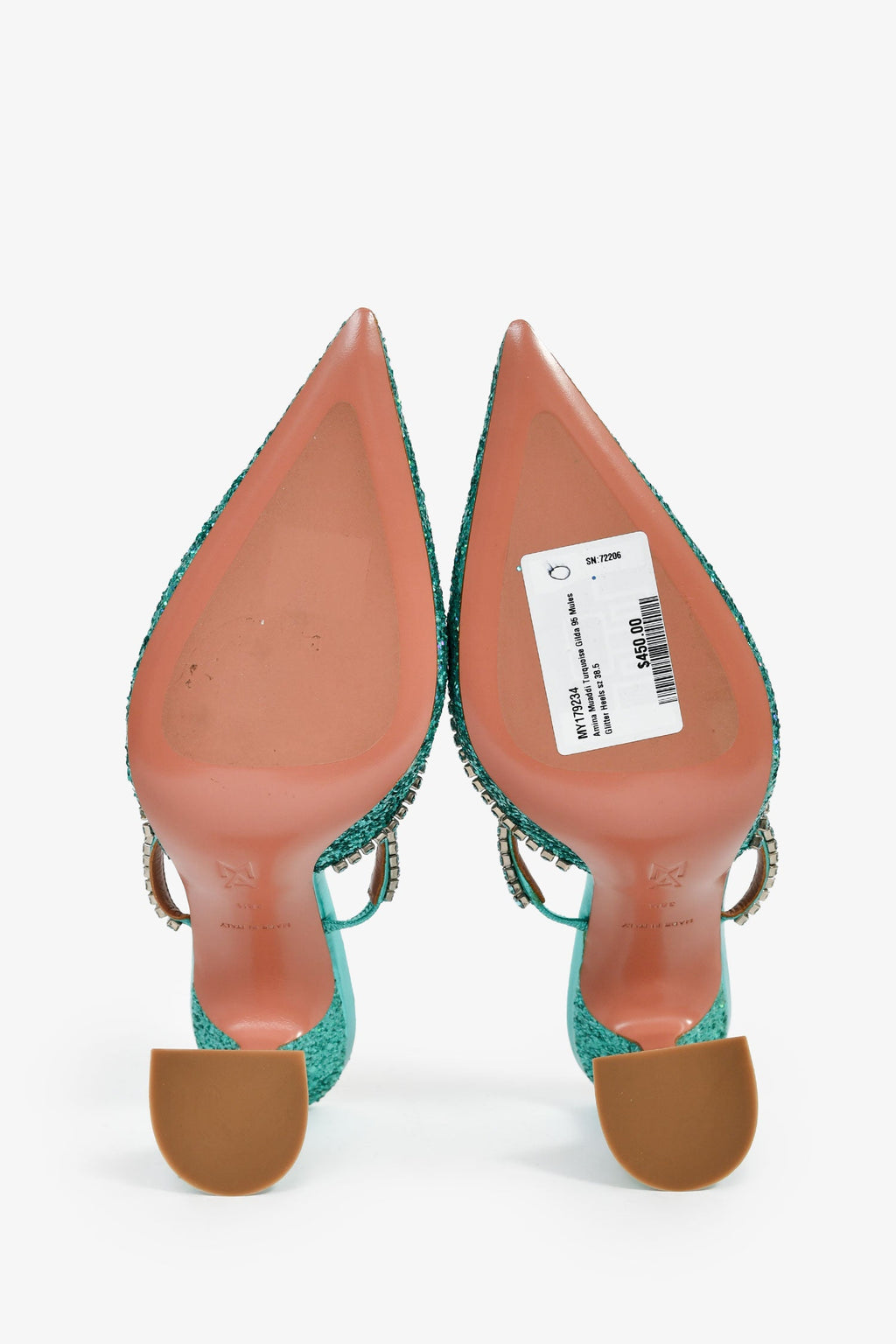 Amina Muaddi Turquoise Gilda 95 Mules Glitter Heels Size 38.5