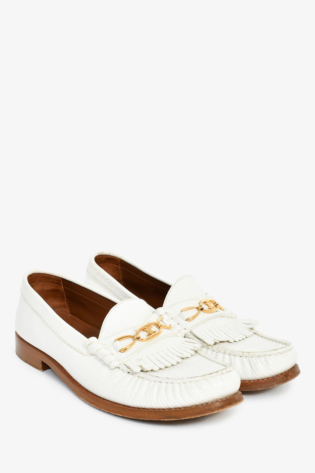 Celine White Triomphe Luco Fringe Loafers Size 38.5
