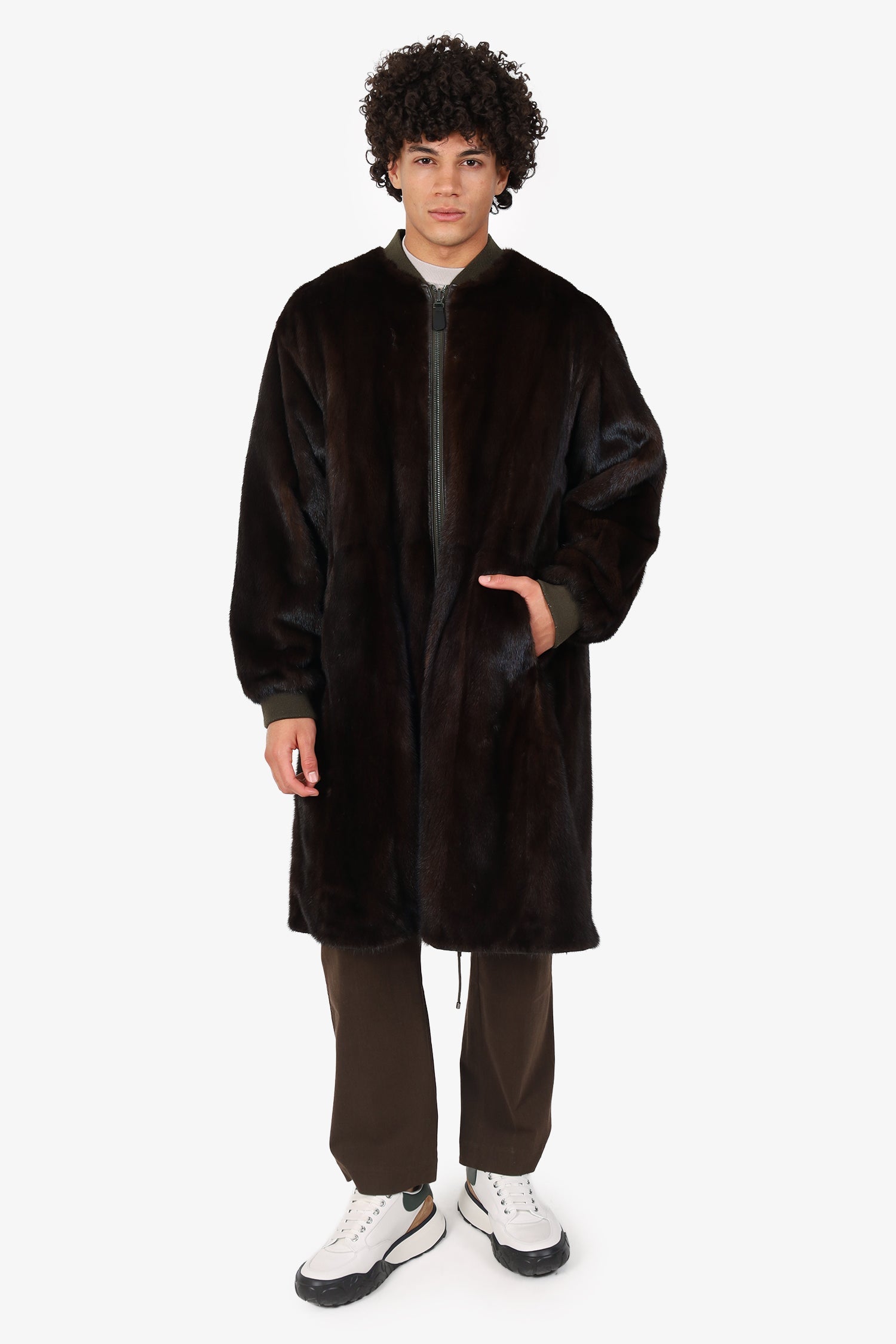 Yves Salomon Homme Brown Mink Fur/Green Nylon Reversible Mid Length Bomber Jacket Size 50 Mens