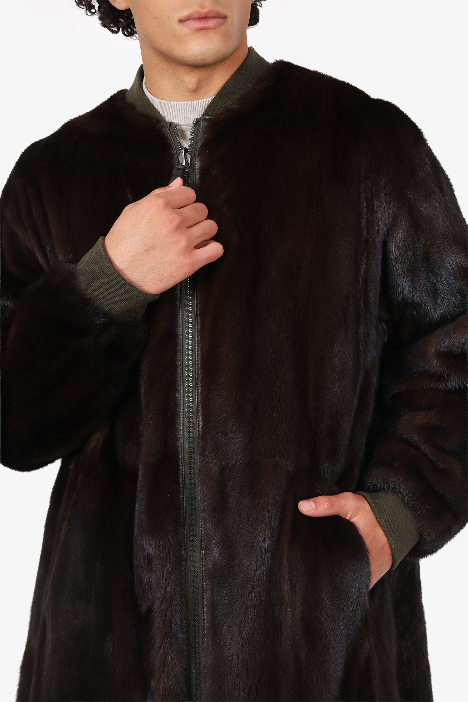 Yves Salomon Homme Brown Mink Fur/Green Nylon Reversible Mid Length Bomber Jacket Size 50 Mens