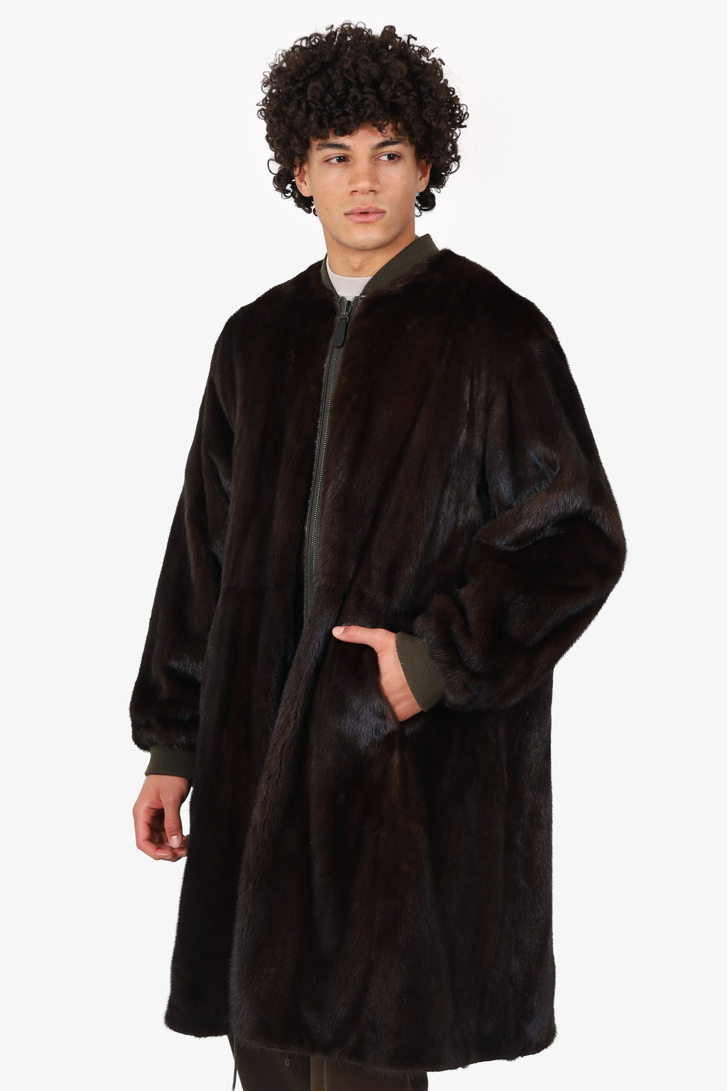 Yves Salomon Homme Brown Mink Fur/Green Nylon Reversible Mid Length Bomber Jacket Size 50 Mens