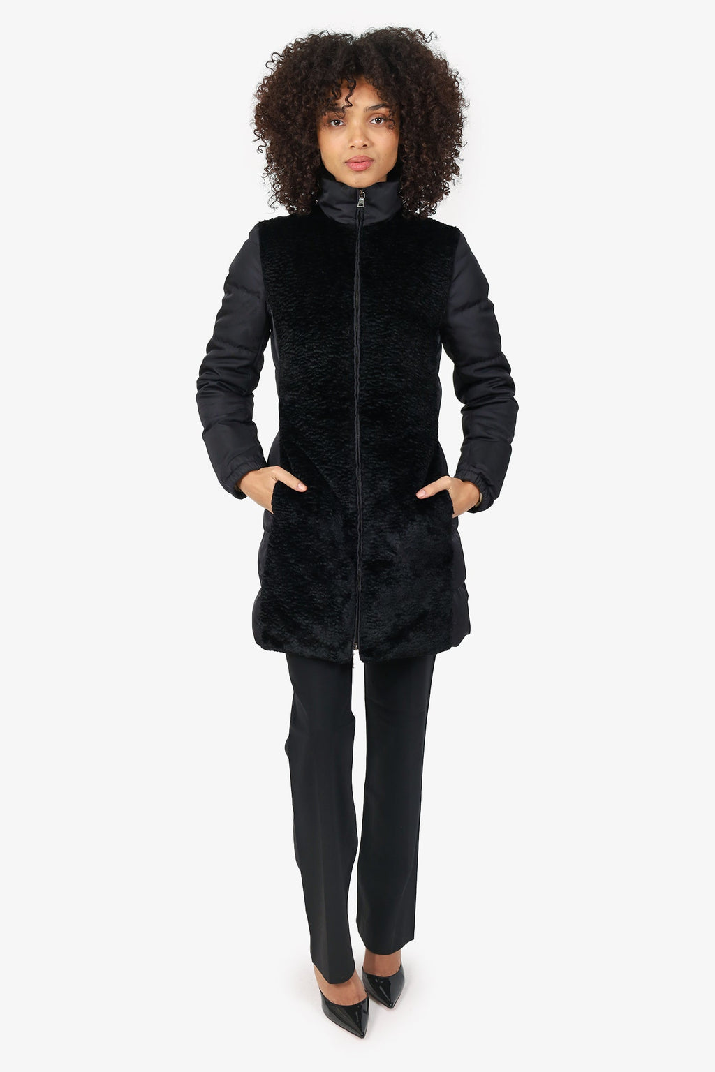 Prada Black Nylon/Shearling Quilted Zip-up Puffer Jacket Size 38