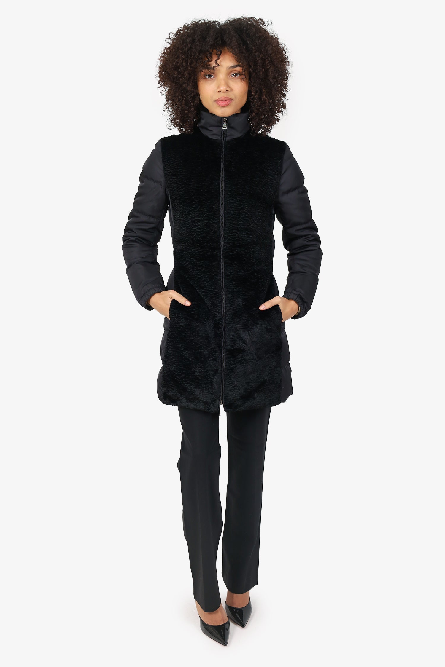 Prada Black Nylon/Shearling Quilted Zip-up Puffer Jacket Size 38
