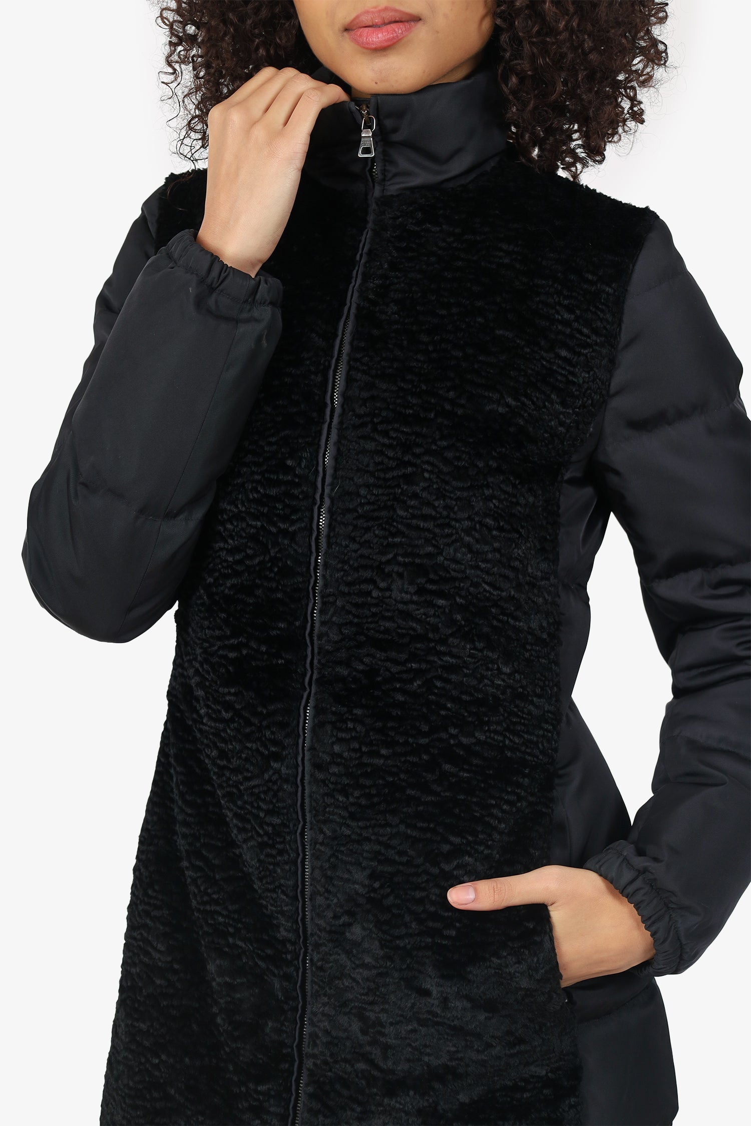Prada Black Nylon/Shearling Quilted Zip-up Puffer Jacket Size 38