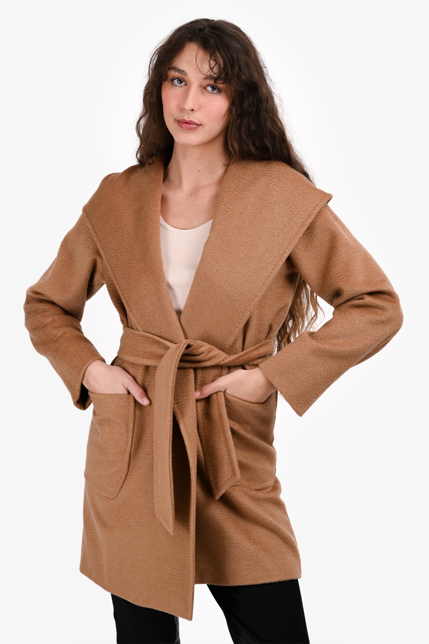 Max Mara Brown Camel Wool Midi Belted Coat Size 4