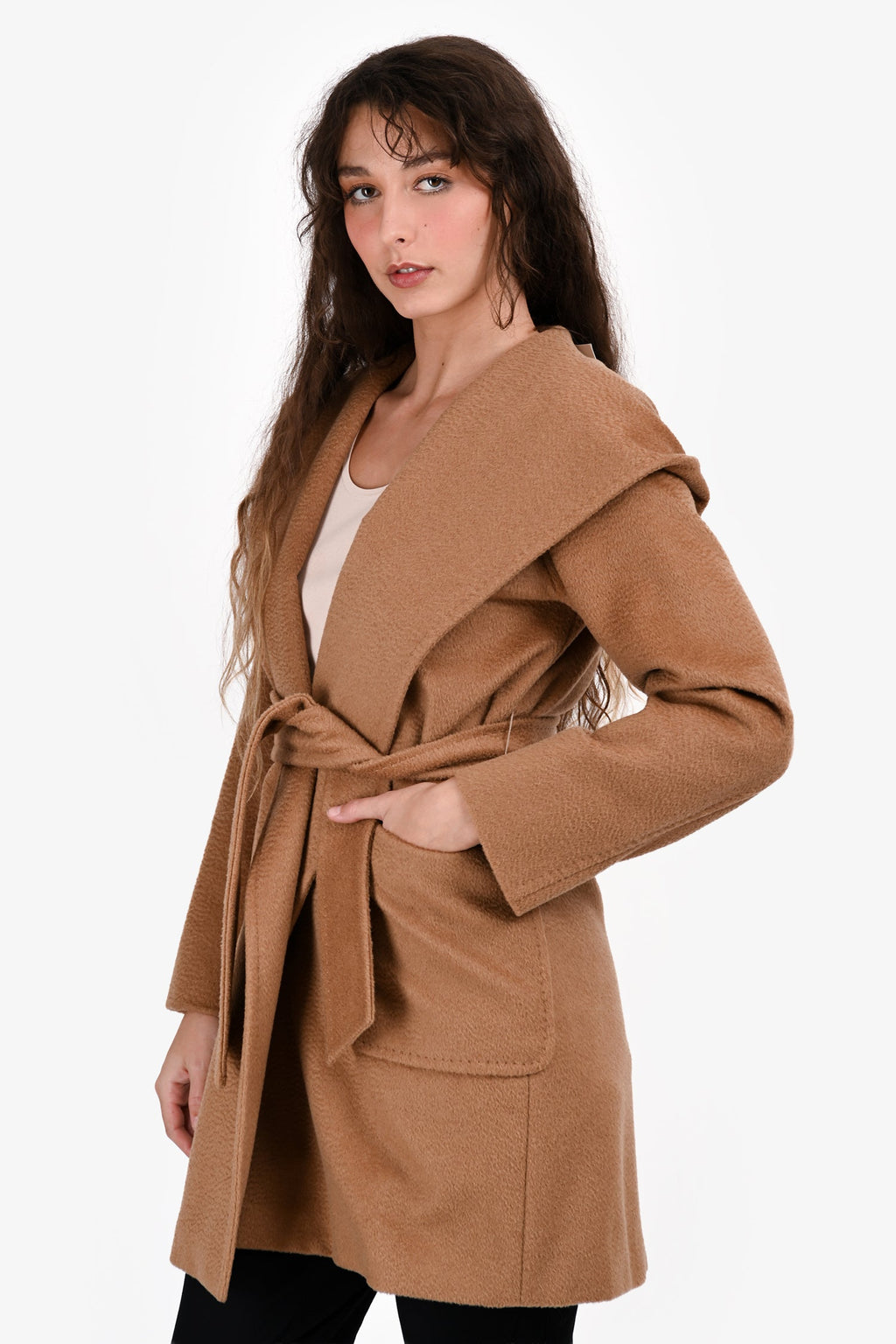 Max Mara Brown Camel Wool Midi Belted Coat Size 4