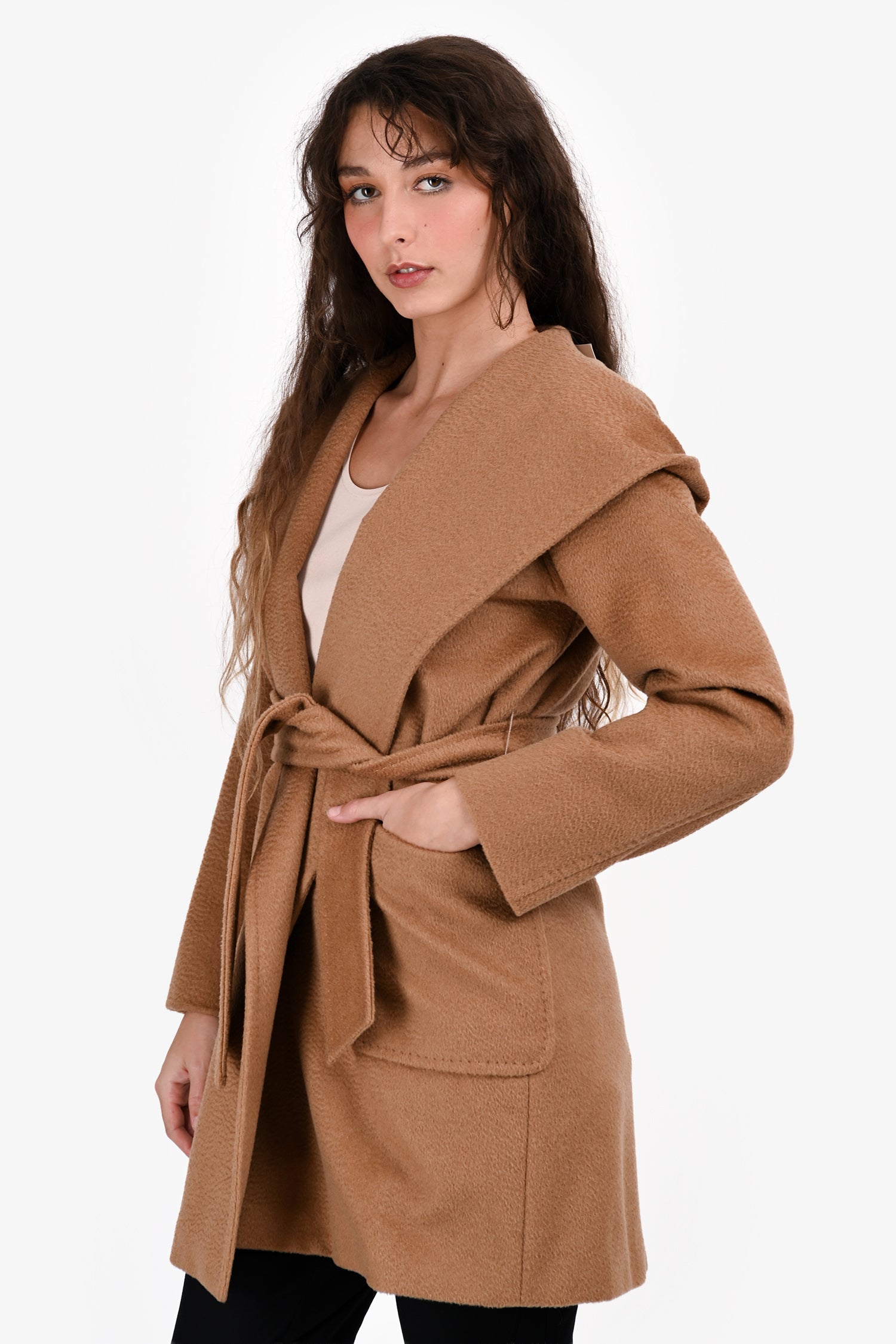 Max Mara Brown Camel Wool Midi Belted Coat Size 4