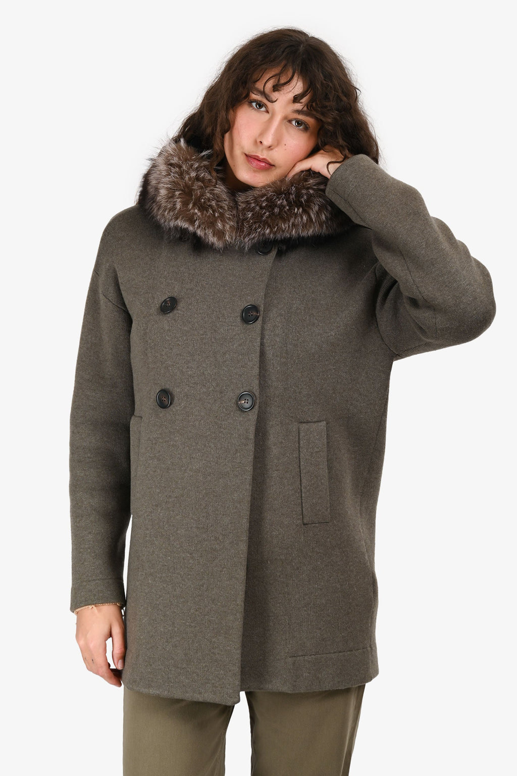 Brunello Cucinelli Brown Cashmere Fur Trim Collar Double Breasted Pea Coat Size S