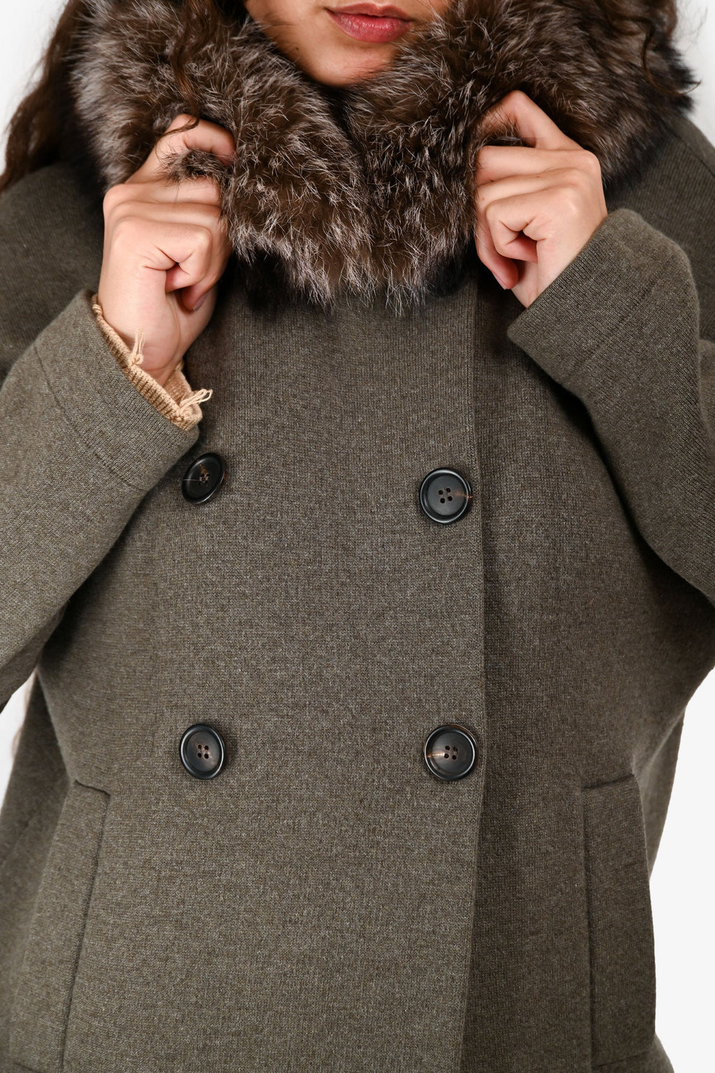 Brunello Cucinelli Brown Cashmere Fur Trim Collar Double Breasted Pea Coat Size S