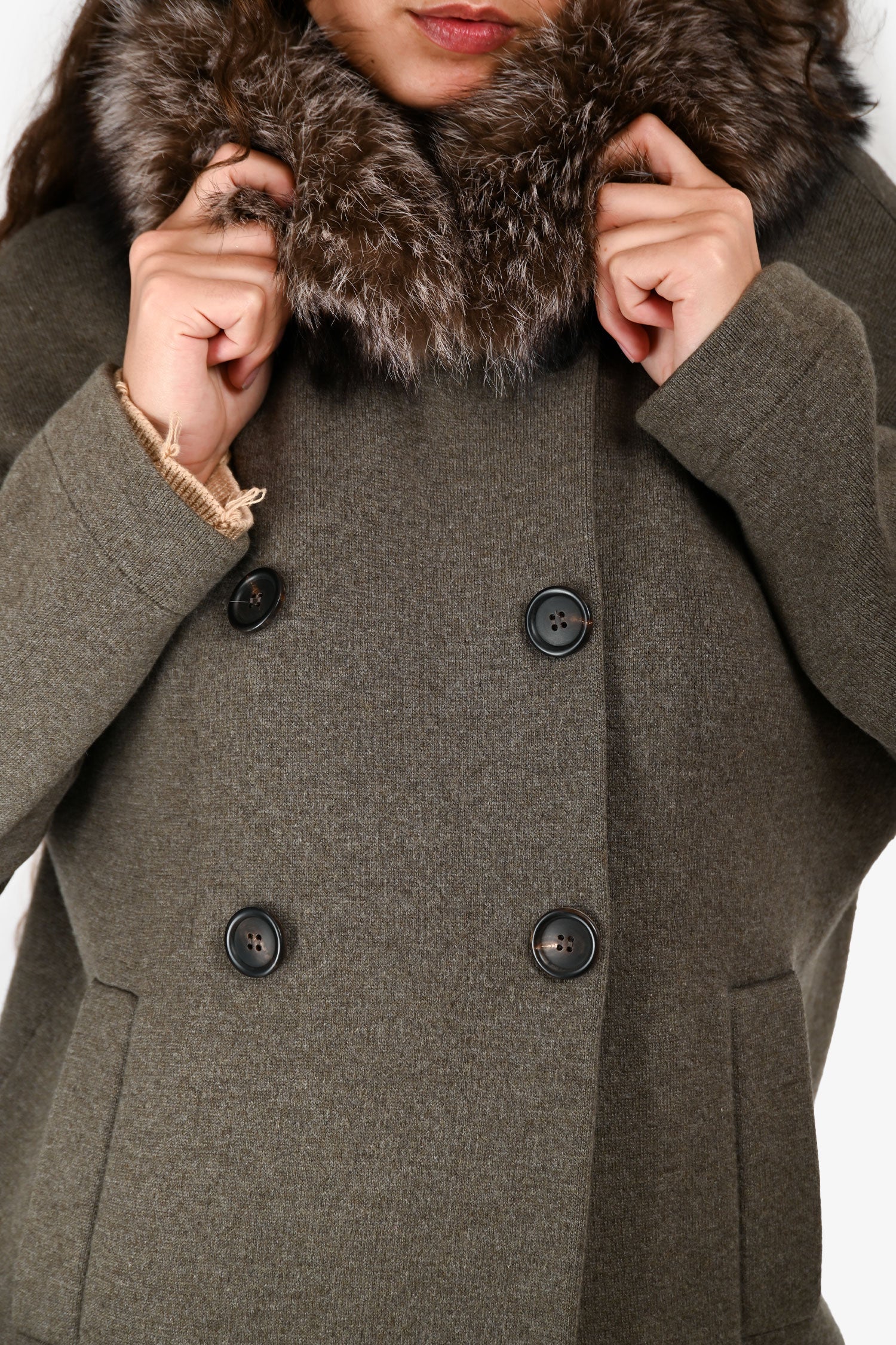 Brunello Cucinelli Brown Cashmere Fur Trim Collar Double Breasted Pea Coat Size S
