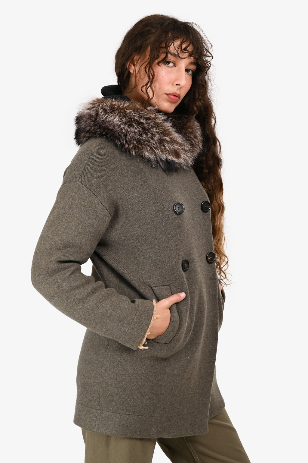 Brunello Cucinelli Brown Cashmere Fur Trim Collar Double Breasted Pea Coat Size S