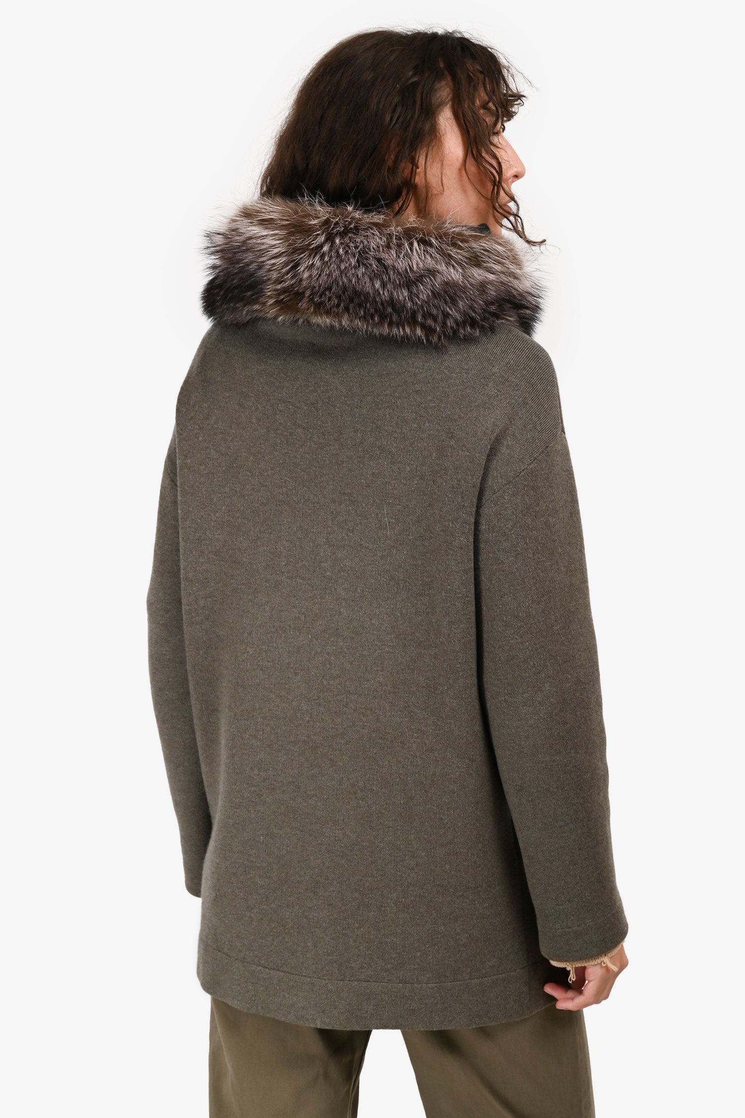 Brunello Cucinelli Brown Cashmere Fur Trim Collar Double Breasted Pea Coat Size S