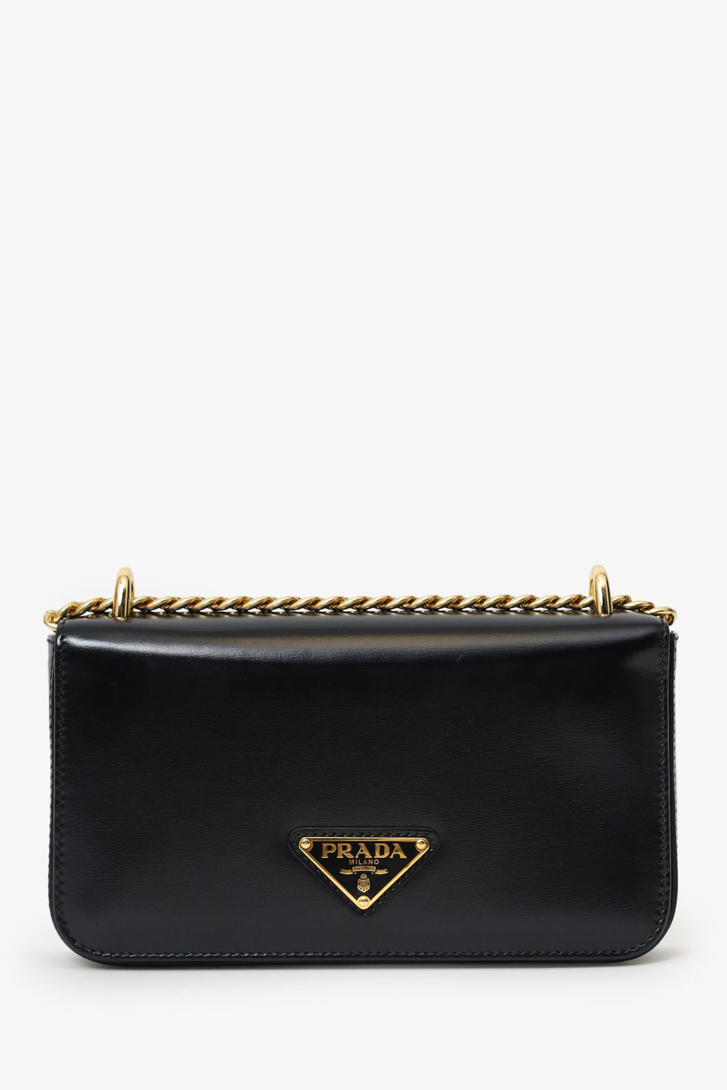 Prada Black Leather Triangle Logo Chain Shoulder Bag