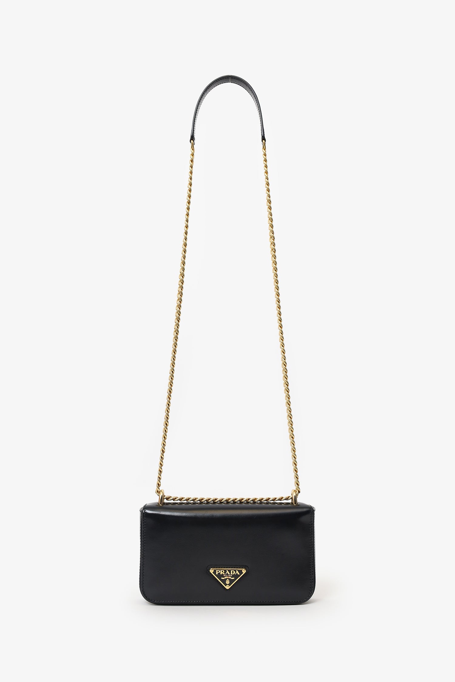 Prada Black Leather Triangle Logo Chain Shoulder Bag
