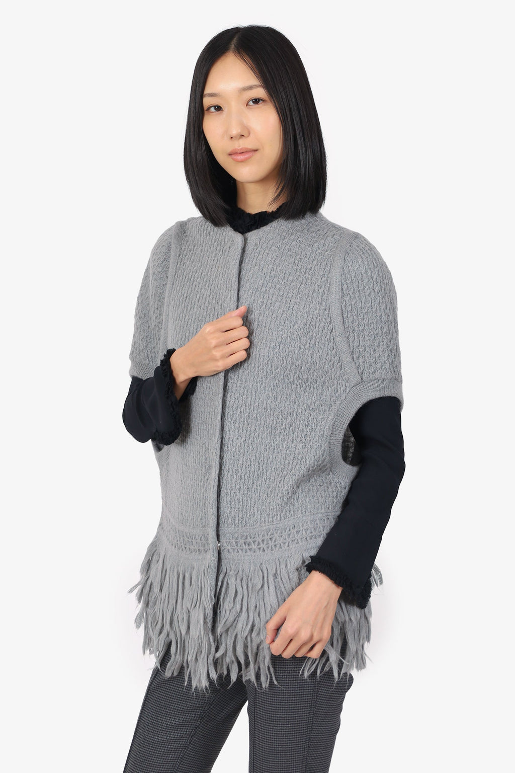 Ermanno Scervino Grey Mohair Knit Fringe Sleeveless igan Size S