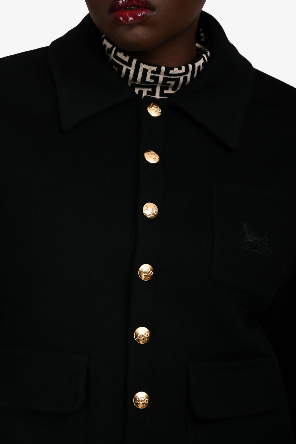 Celine Black Cashmere Logo Embroidered Jacket Size 40