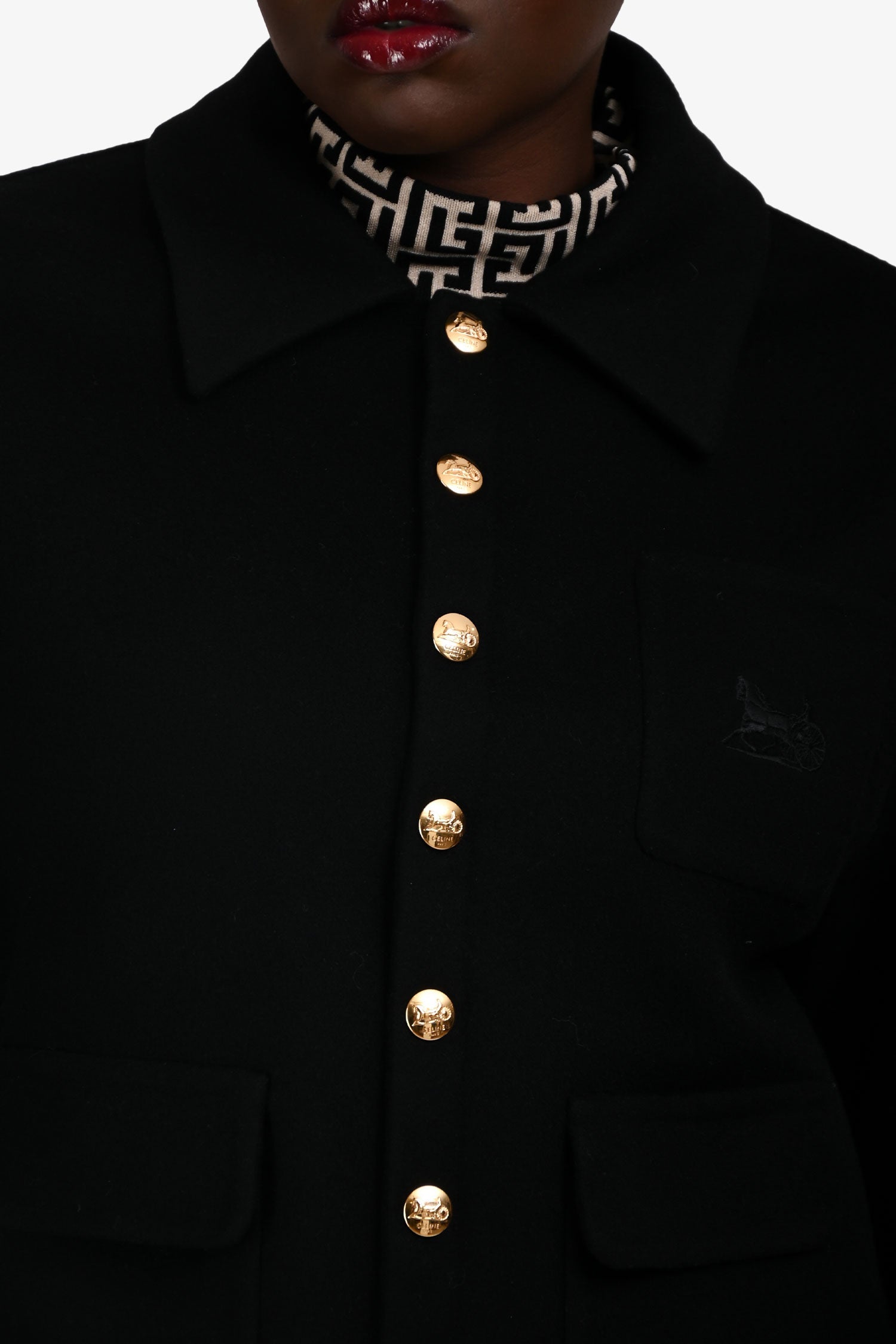 Celine Black Cashmere Logo Embroidered Jacket Size 40