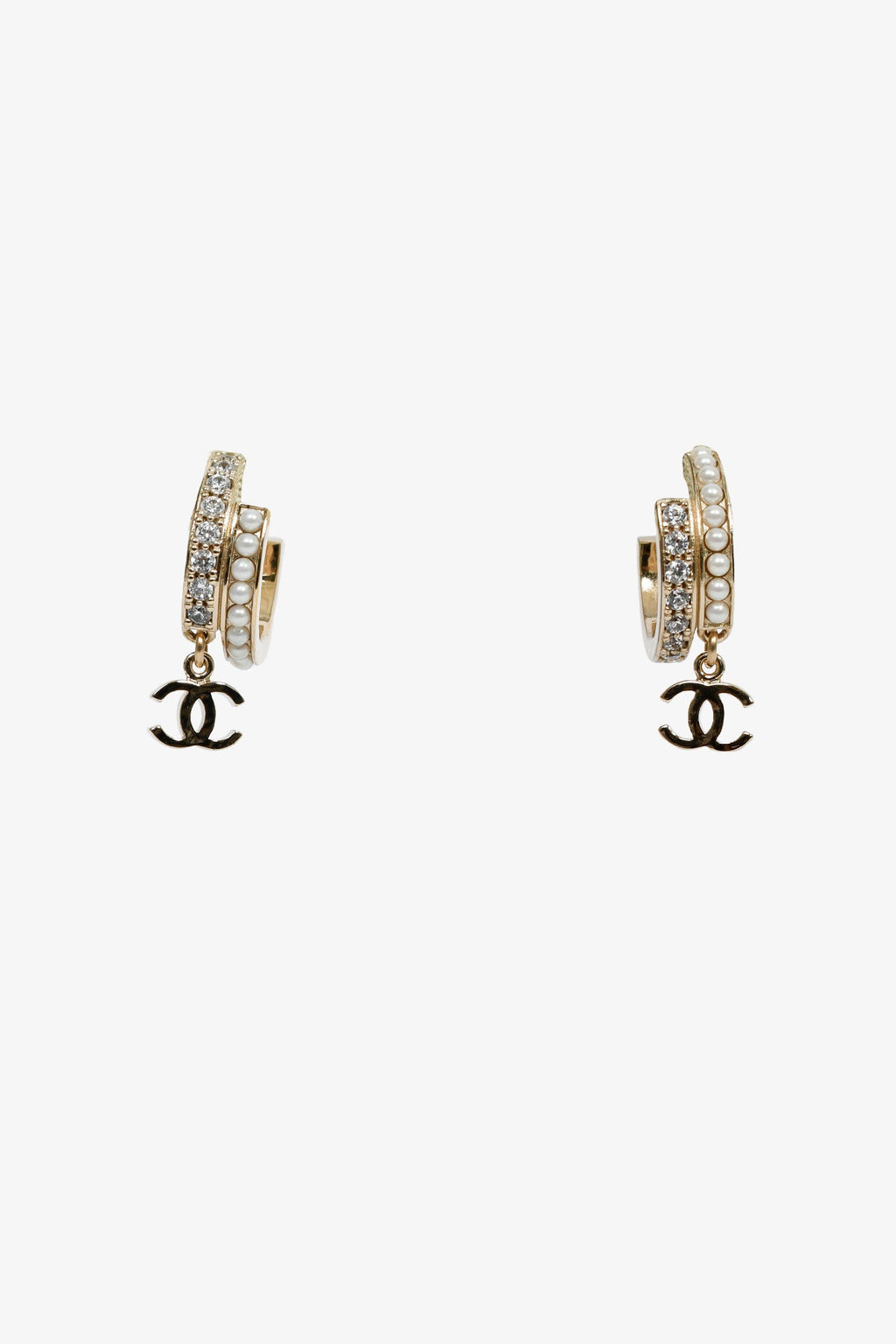 Pre-Loved Chanel™ 2022 Champagne Gold Toned Faux Pearl CC Hoops