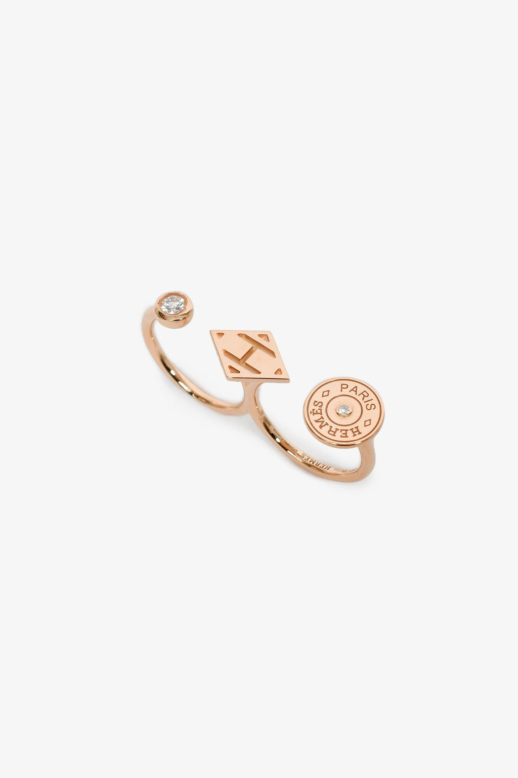 Hermès 18K Rose Gold Diamond 'Gambade' Double Ring Size 50