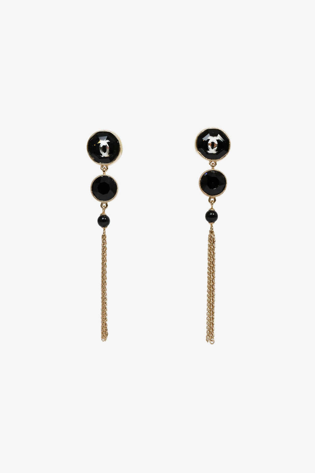 Pre-Loved Chanel™ 2018 Gold Toned Black Double Crystal CC Dangle Earrings