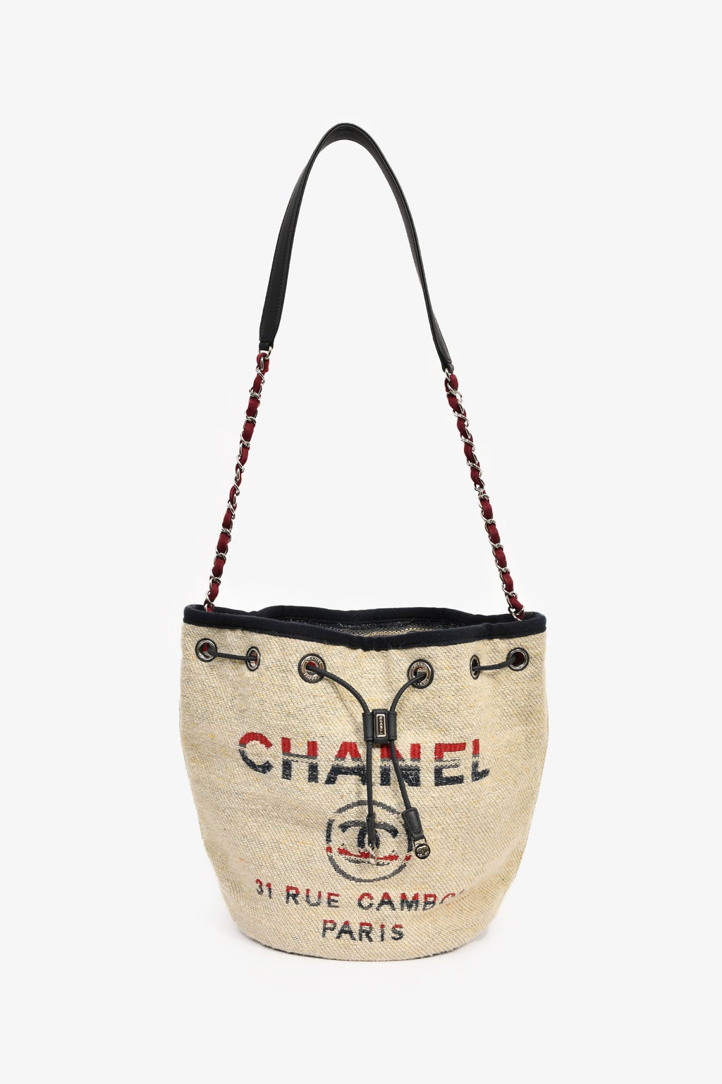 Pre-Loved Chanel™ 2018-19 Beige Cloth Deauville Logo Bucket Shoulder Bag