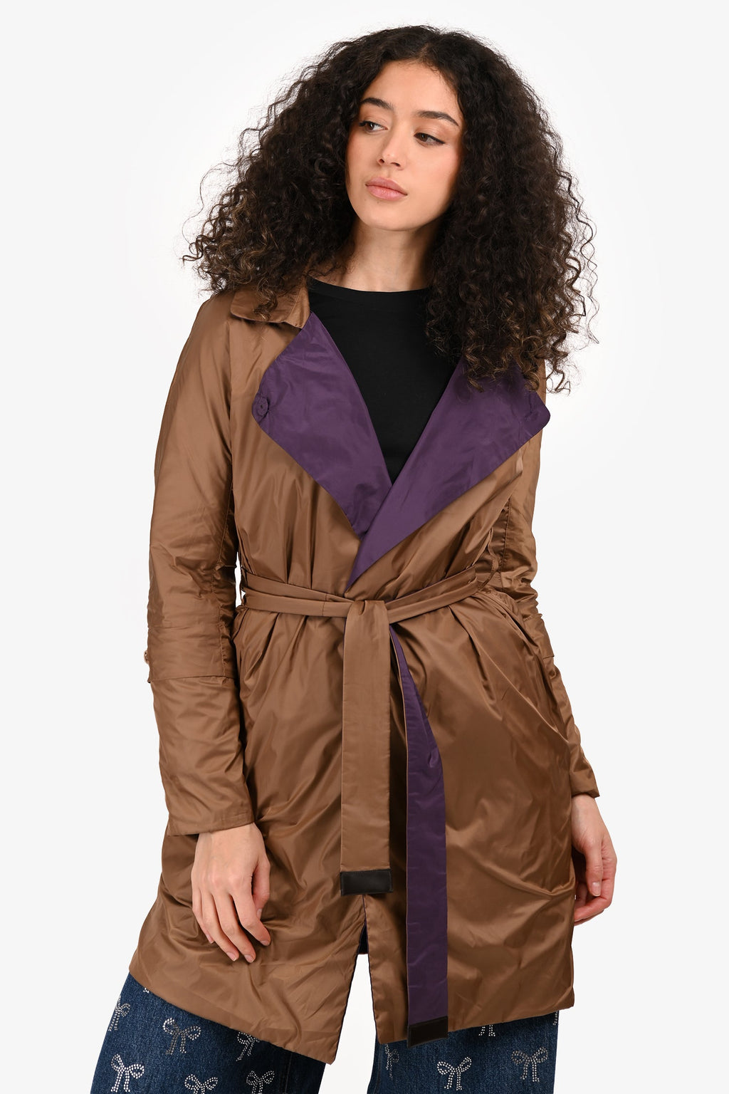 S Max Mara Purple/Brown Nylon Reversible Coat Size 4 US with Belt