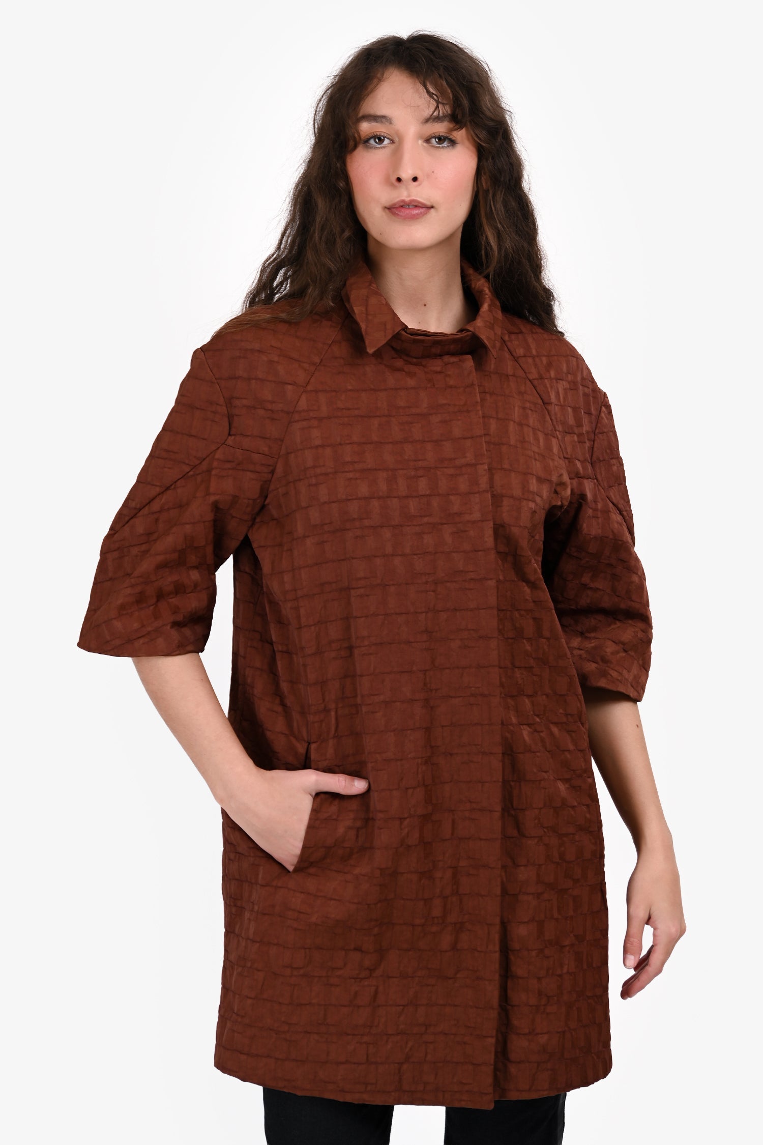 Marni Brown Nylon Textured 3/4 Sleeve Coat Size 42
