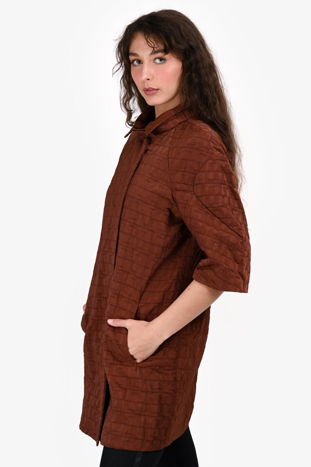 Marni Brown Nylon Textured 3/4 Sleeve Coat Size 42