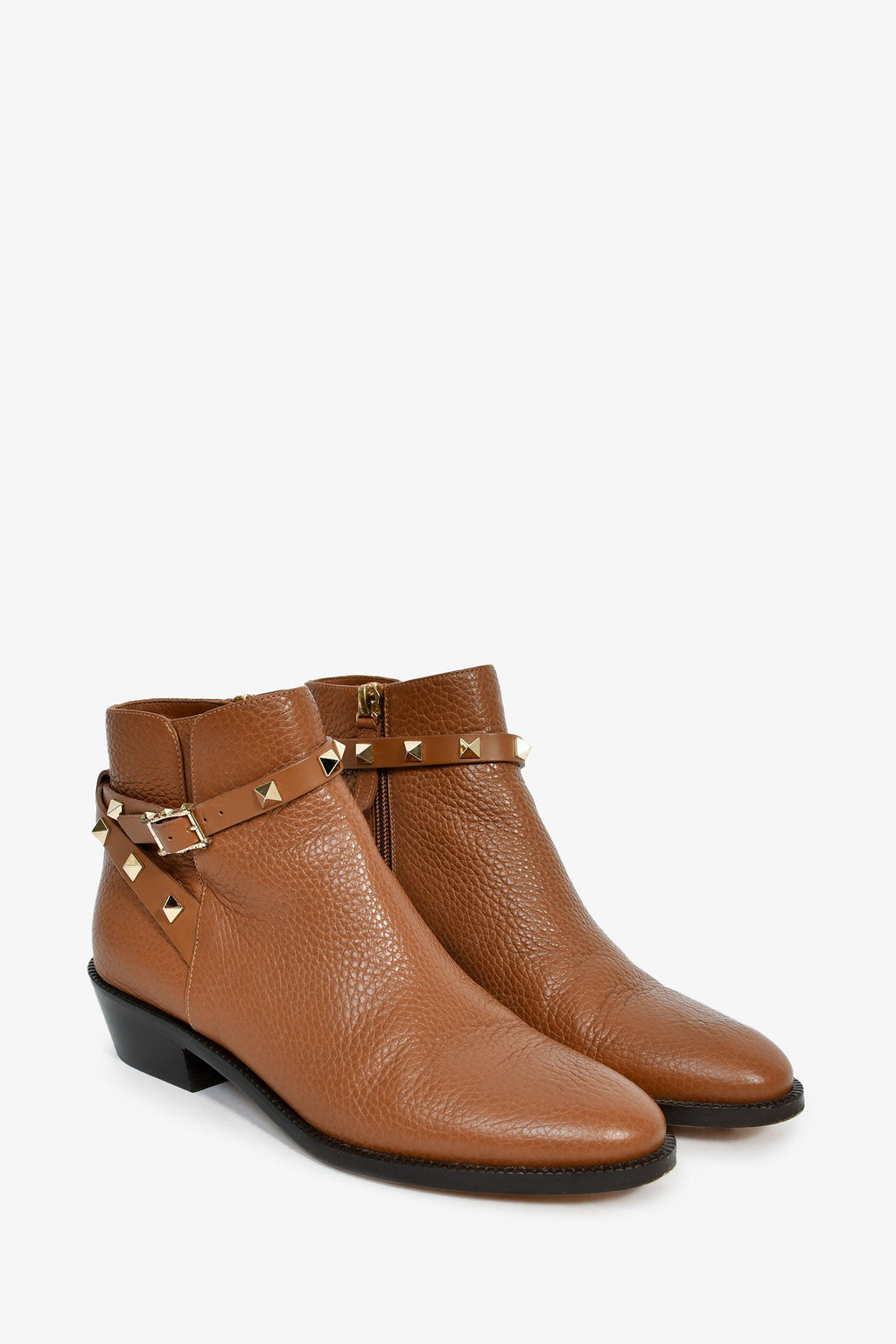 Valentino Brown Grained Leather Rockstud Flat Ankle Boots Size 35.5