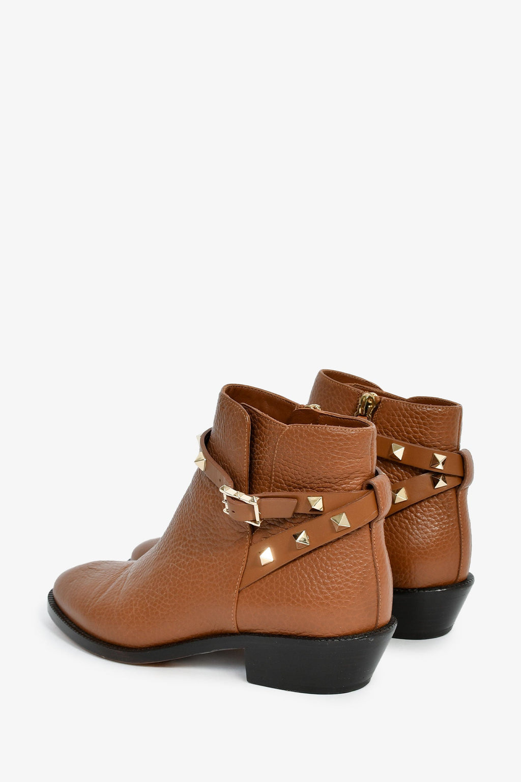 Valentino Brown Grained Leather Rockstud Flat Ankle Boots Size 35.5