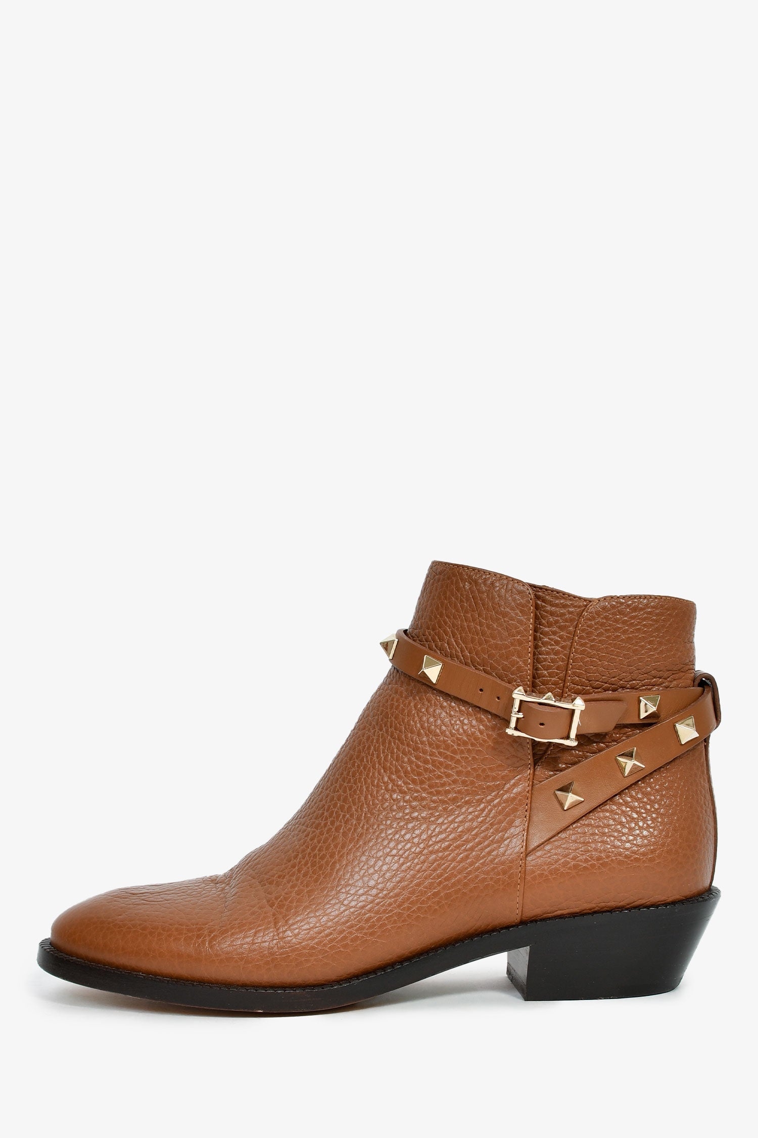 Valentino Brown Grained Leather Rockstud Flat Ankle Boots Size 35.5
