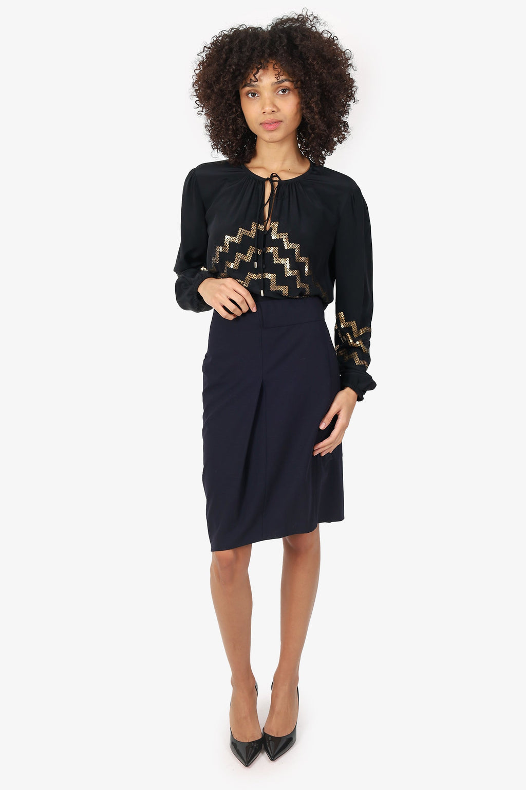Brunello Cucinelli Navy Wool Draped Midi Skirt Size 10