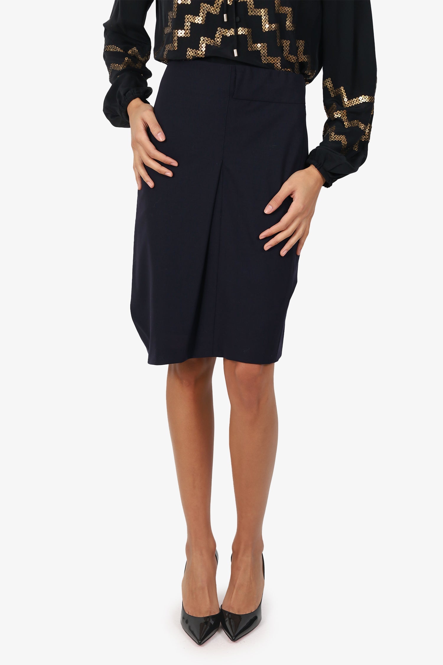 Brunello Cucinelli Navy Wool Draped Midi Skirt Size 10