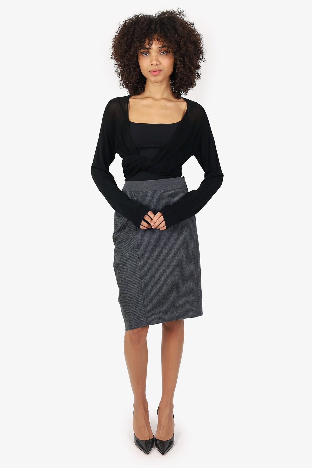Brunello Cucinelli Grey Wool/Cashmere Striped Midi Skirt Size 10