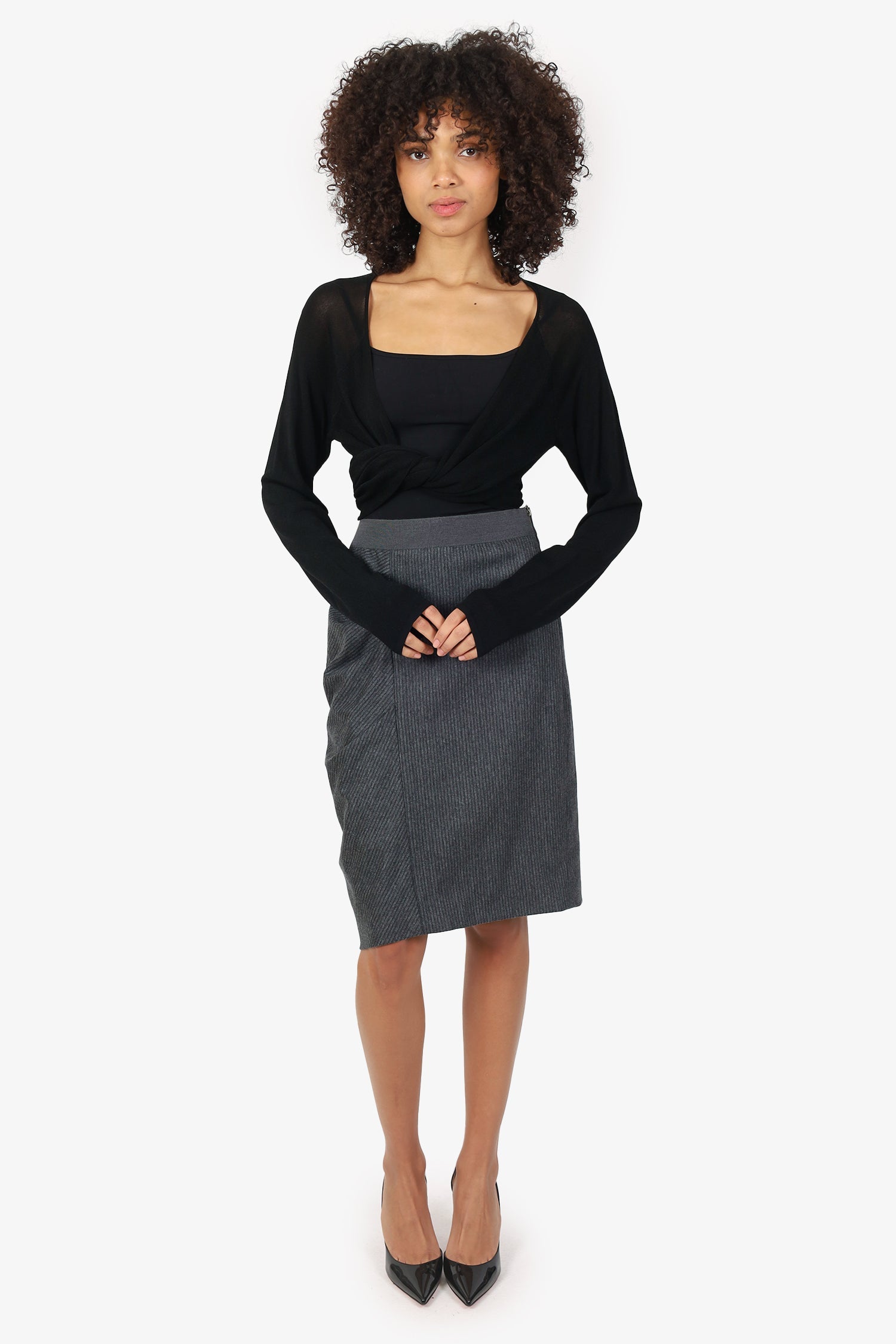 Brunello Cucinelli Grey Wool/Cashmere Striped Midi Skirt Size 10