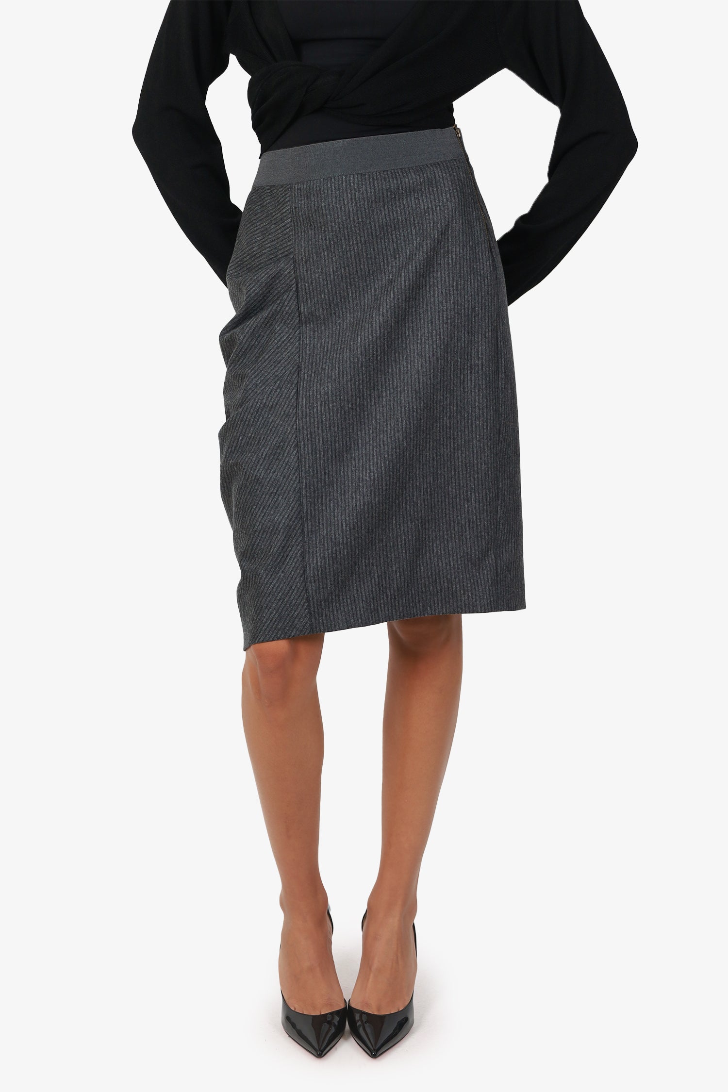 Brunello Cucinelli Grey Wool/Cashmere Striped Midi Skirt Size 10