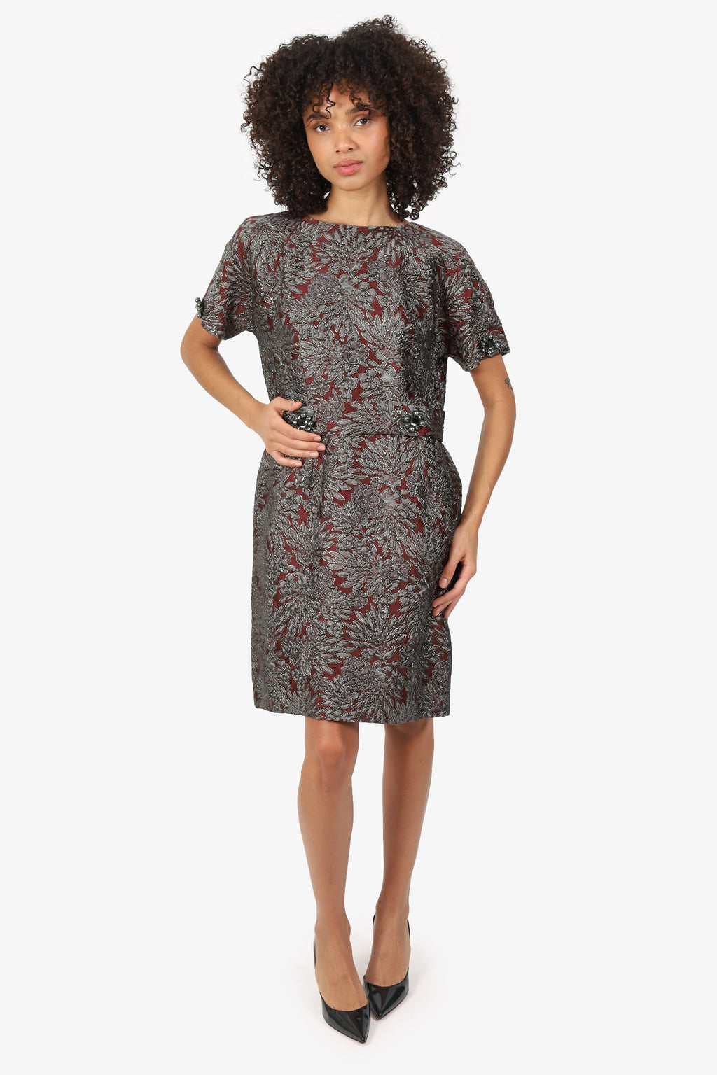 Dolce & Gabbana Burgundy/Black Floral Crystal Belt Short Sleeve Dress Size 46