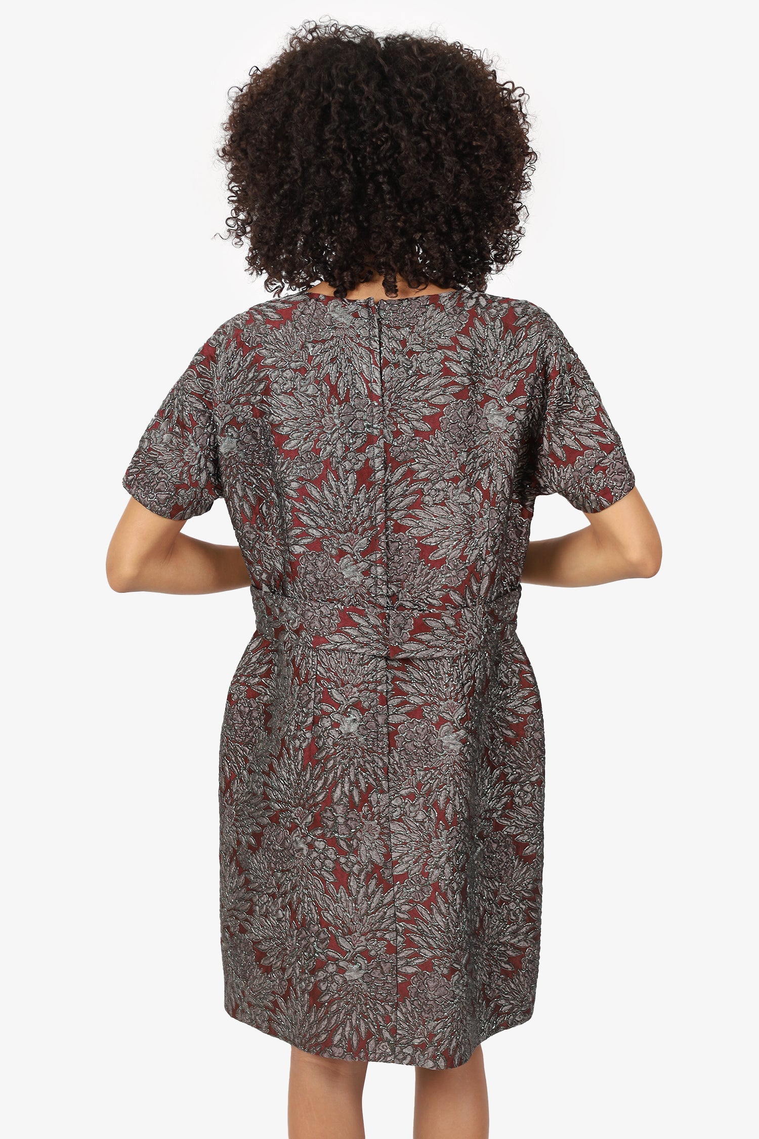 Dolce & Gabbana Burgundy/Black Floral Crystal Belt Short Sleeve Dress Size 46