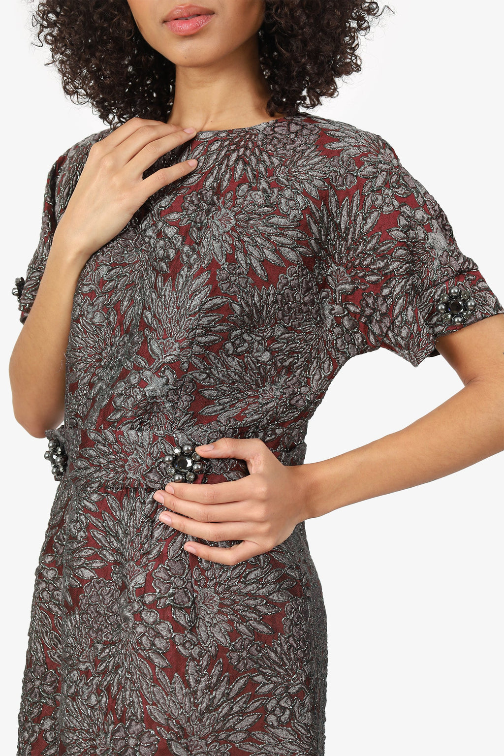 Dolce & Gabbana Burgundy/Black Floral Crystal Belt Short Sleeve Dress Size 46