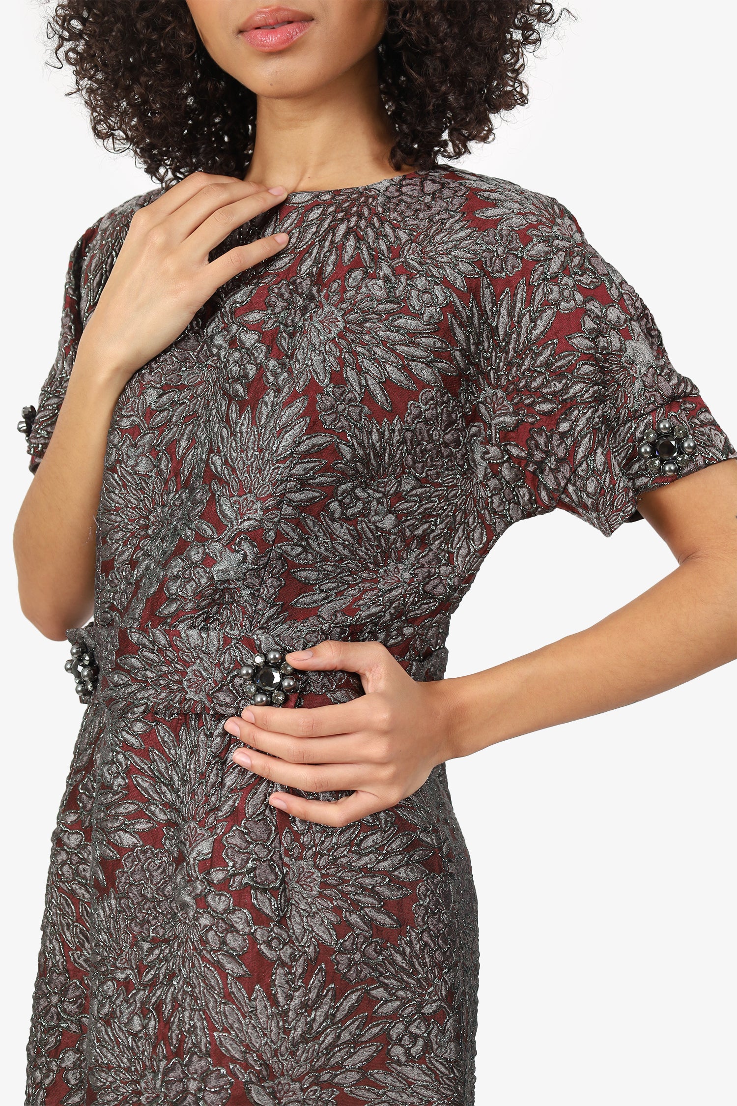 Dolce & Gabbana Burgundy/Black Floral Crystal Belt Short Sleeve Dress Size 46