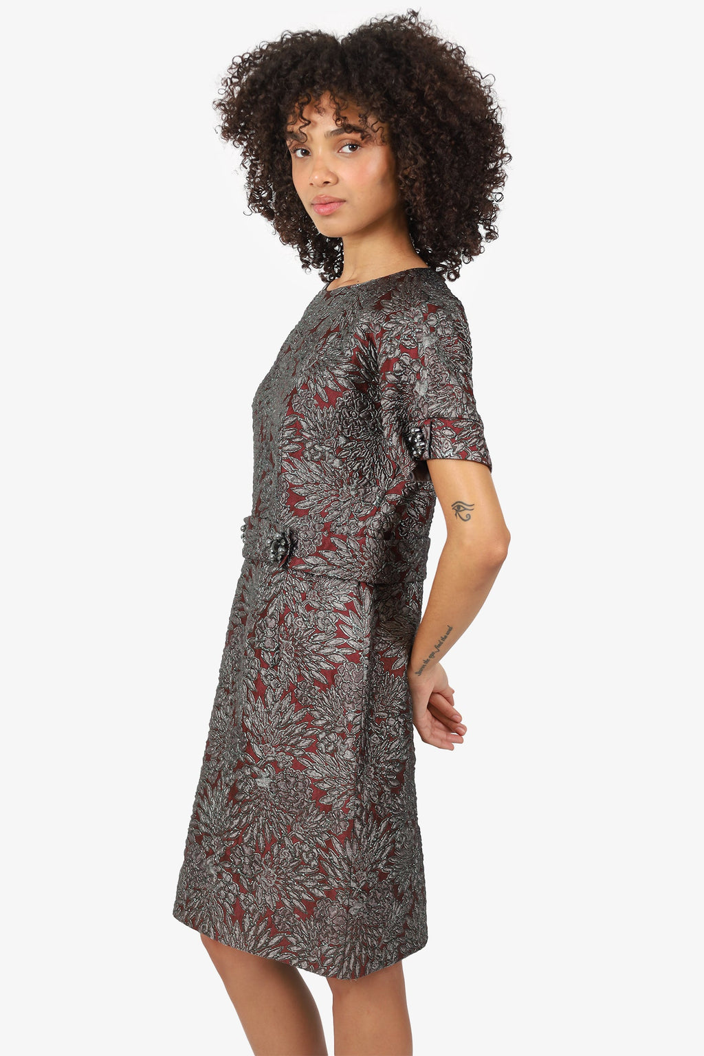 Dolce & Gabbana Burgundy/Black Floral Crystal Belt Short Sleeve Dress Size 46