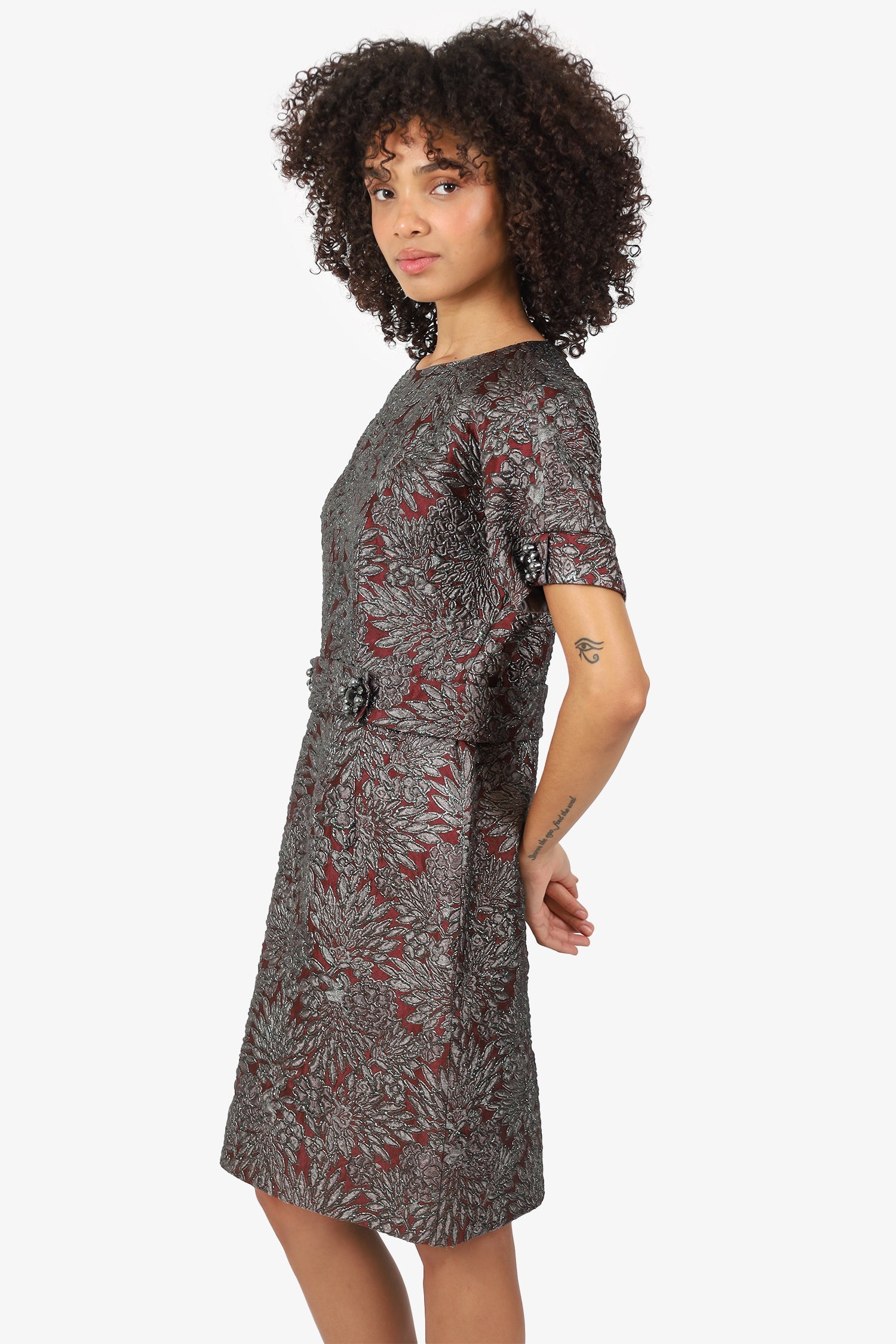 Dolce & Gabbana Burgundy/Black Floral Crystal Belt Short Sleeve Dress Size 46