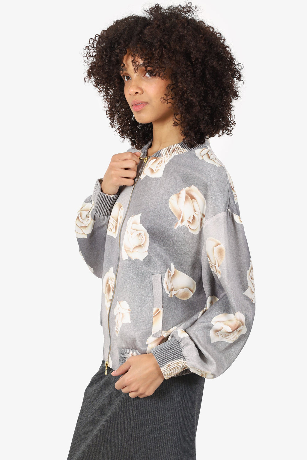 Moschino Grey Rose Print Zip-Up Jacket Size 10