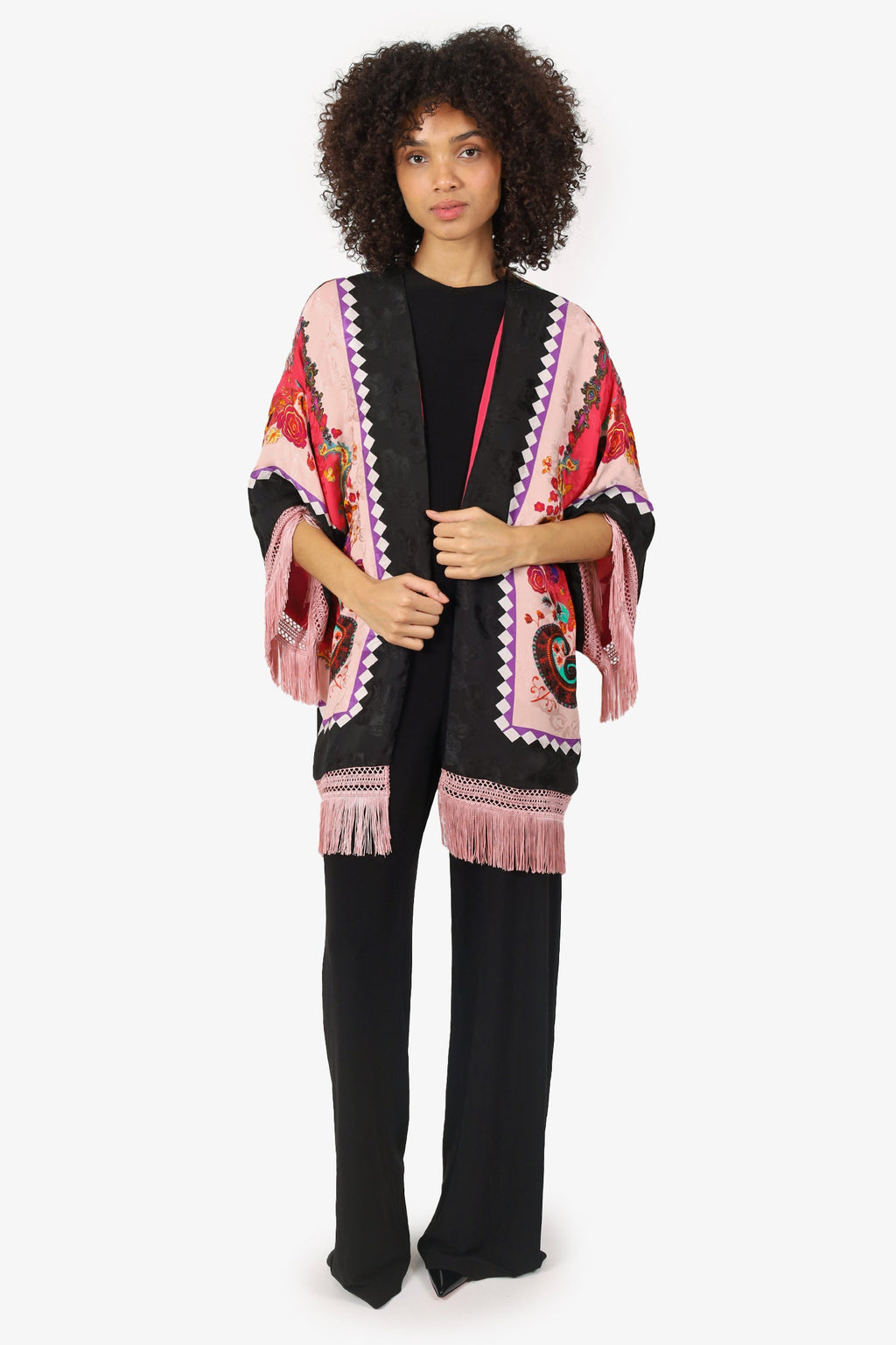 Etro Black/Pink Silk Printed Fringed Robe Estimated Size L