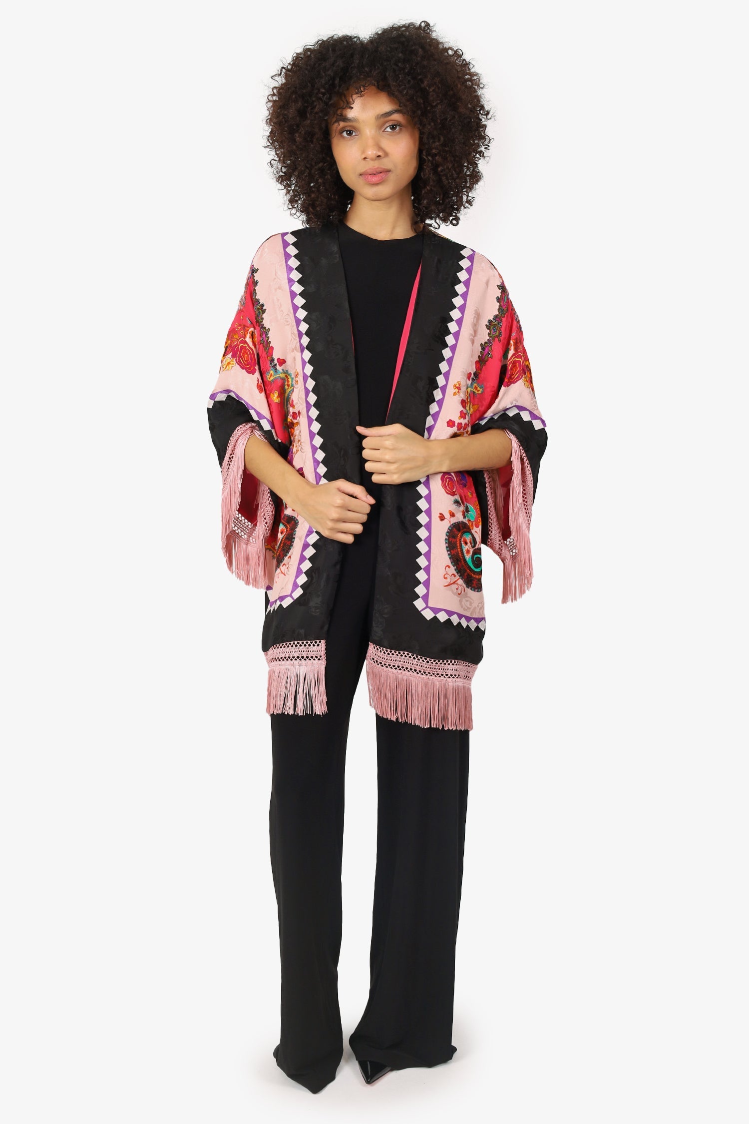 Etro Black/Pink Silk Printed Fringed Robe Estimated Size L