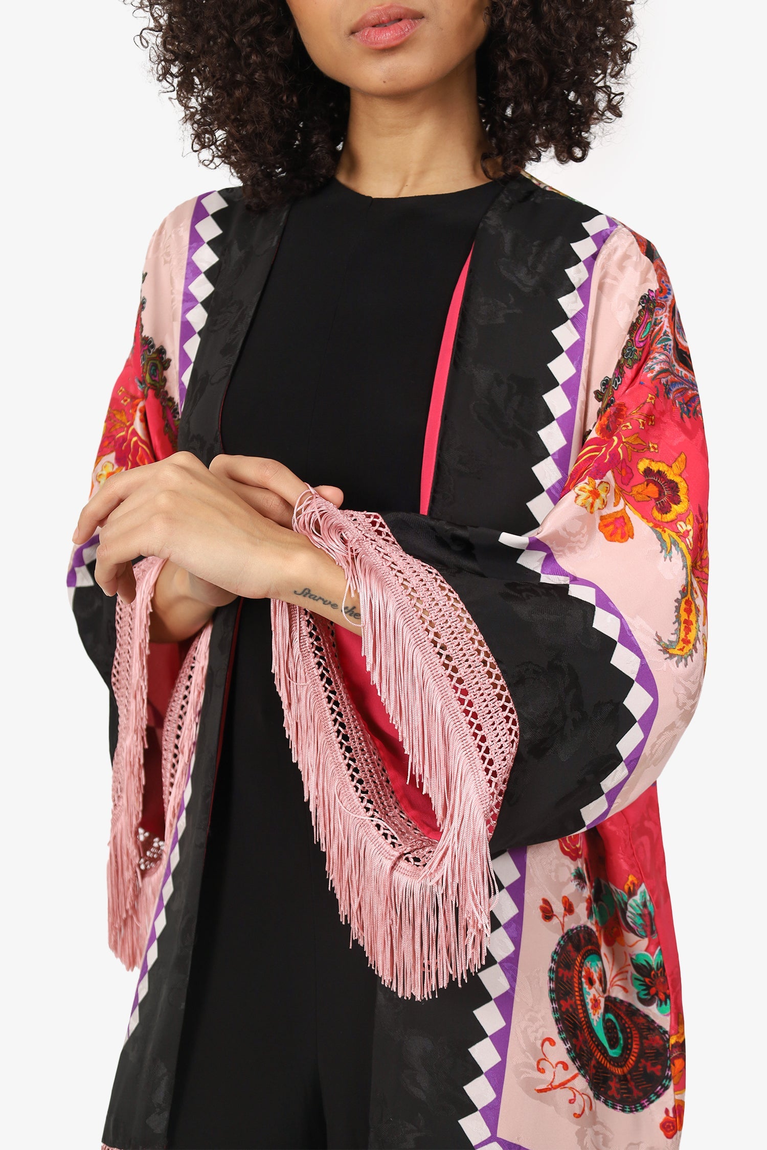 Etro Black/Pink Silk Printed Fringed Robe Estimated Size L