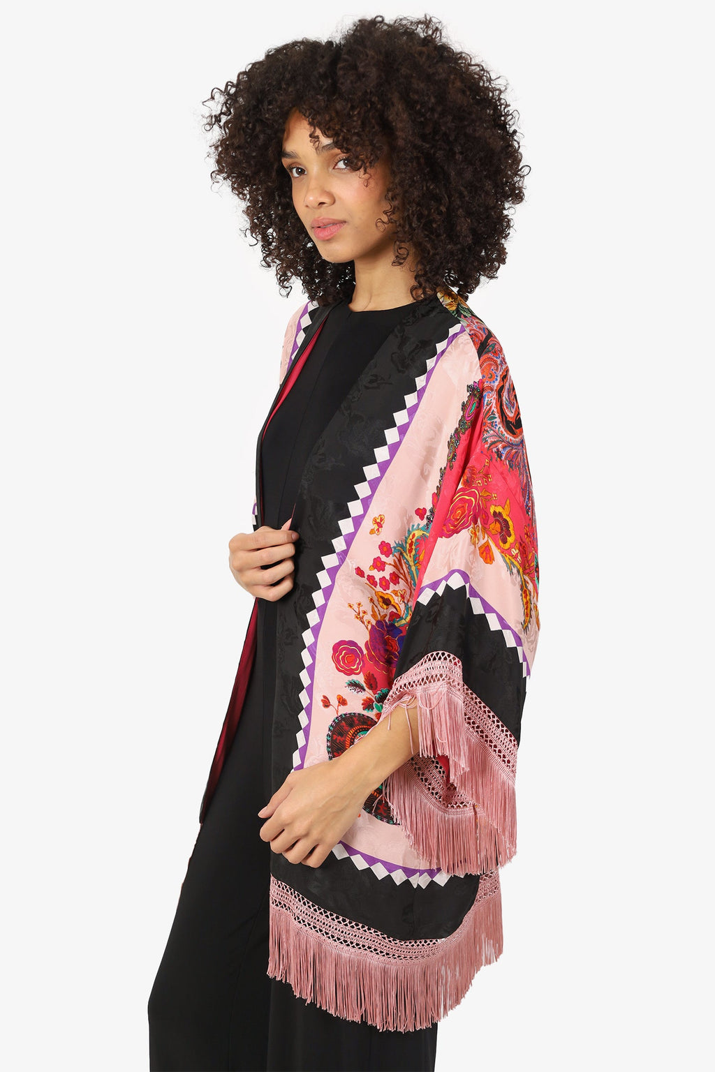 Etro Black/Pink Silk Printed Fringed Robe Estimated Size L