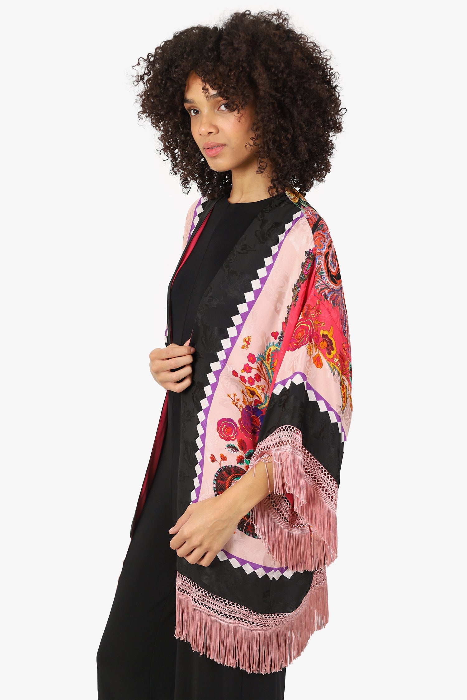 Etro Black/Pink Silk Printed Fringed Robe Estimated Size L