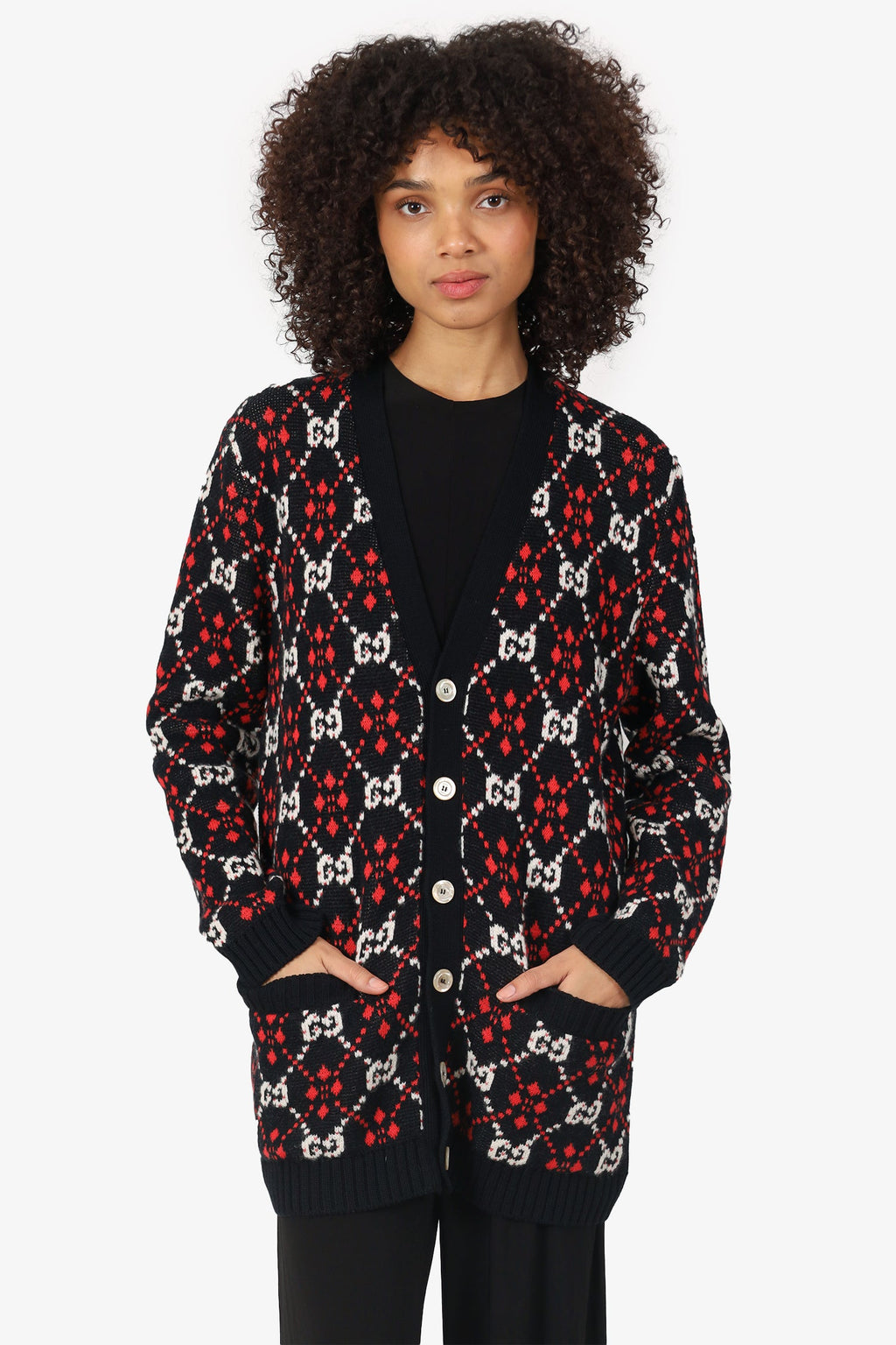 Gucci Black/Red Wool GG Logo Jacquard igan Size XS