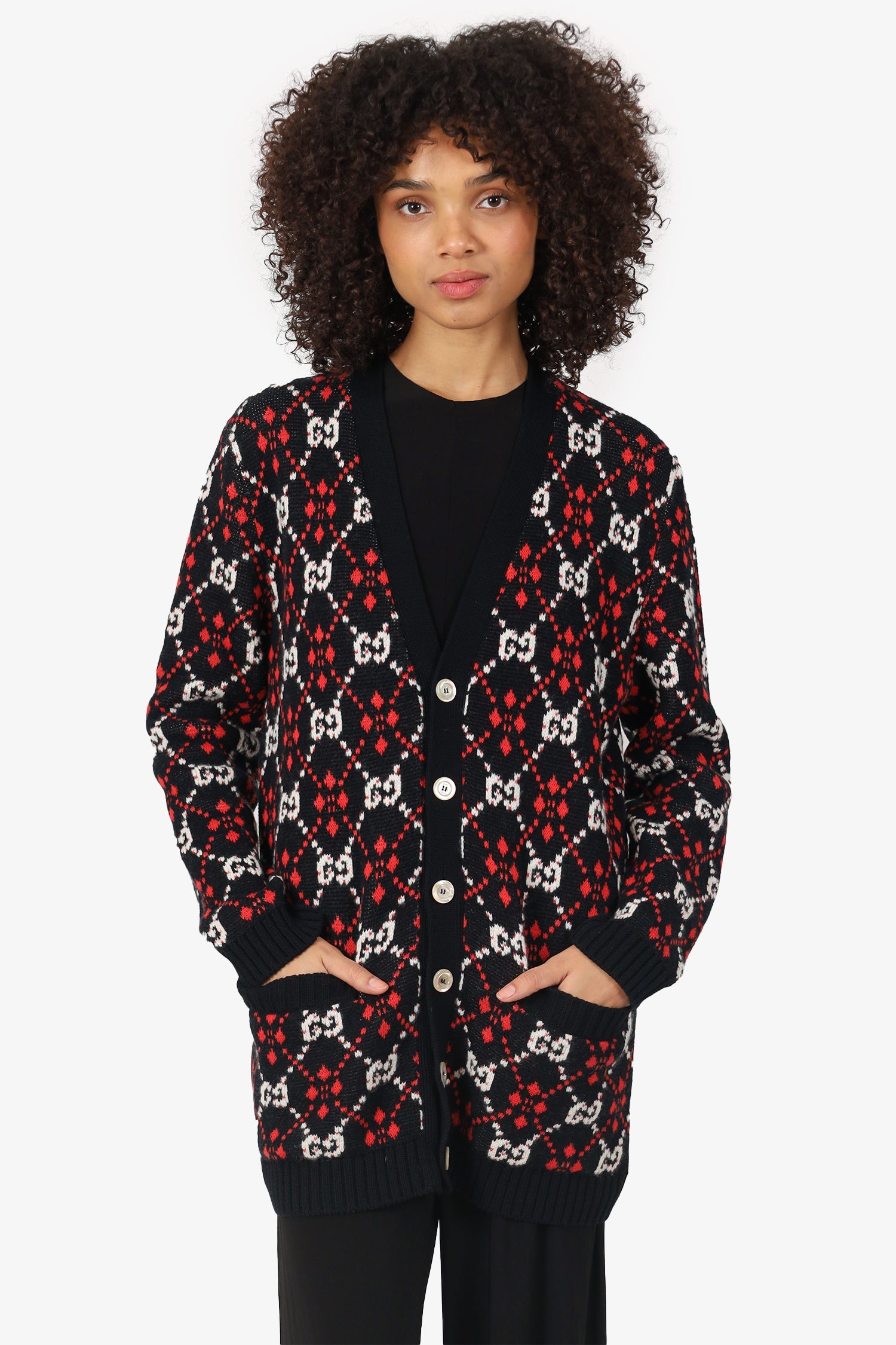 Gucci Black/Red Wool GG Logo Jacquard igan Size XS